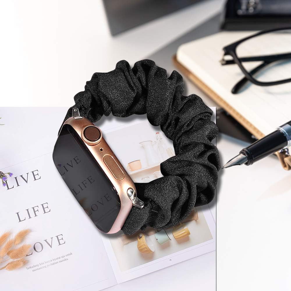 Compatible with Apple Watch Band 38Mm 40Mm 41Mm Soft Floral Fabric Elastic Scrunchies Iwatch Bands for Apple Watch Series 7,6,SE,5,4,3,2,1 Black Small