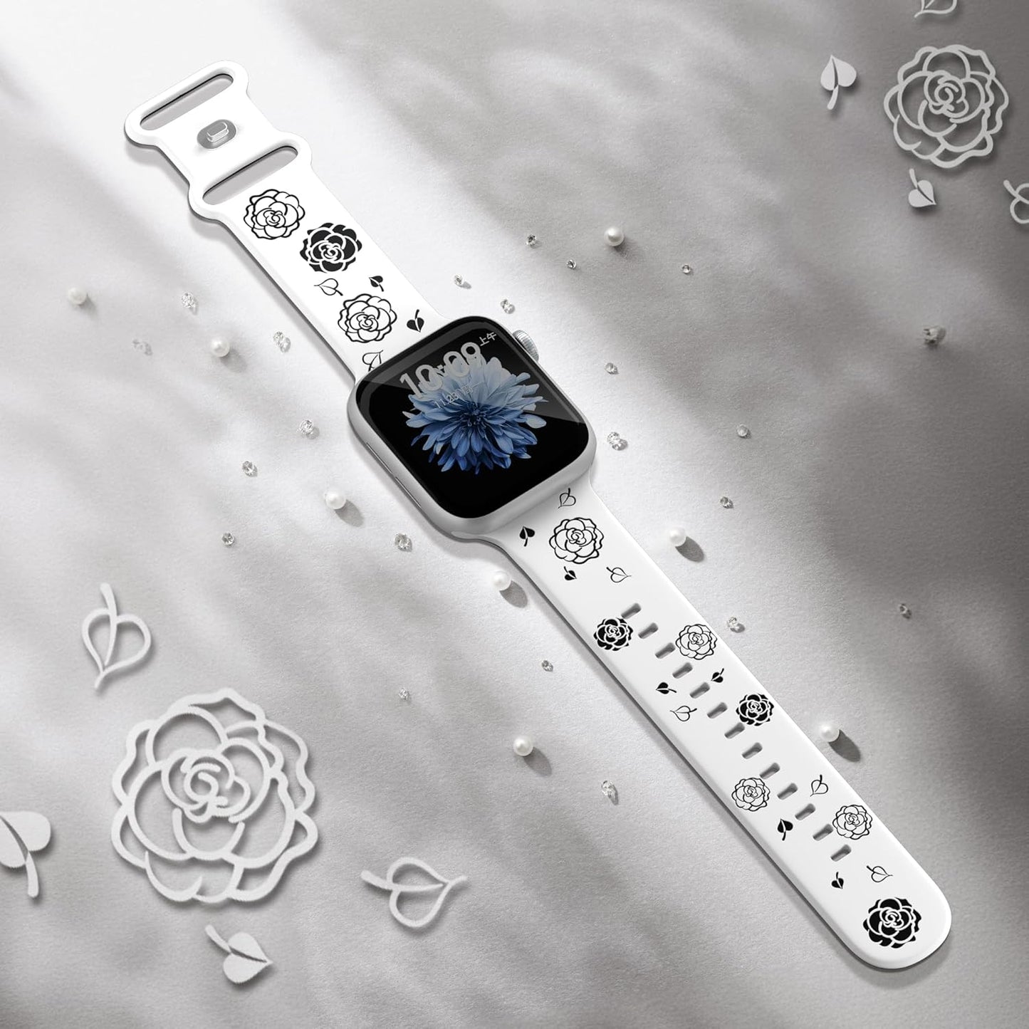 Floral Engraved Bands Compatible with Apple Watch 38Mm 40Mm 41Mm 42Mm 44Mm 45Mm 46Mm 49Mm Women,Two-Tone Flower Soft Silicone Sport Strap for Iwatch Ultra Series 10 9 8 7 6 5 4 3 2 1 SE