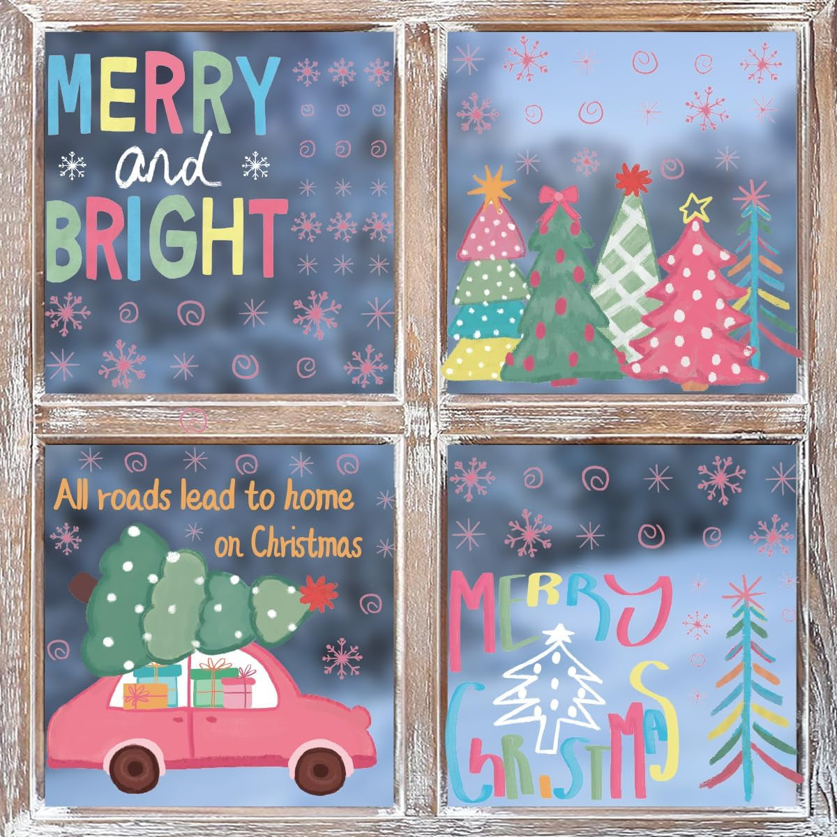 50 PCS Christmas Window Cling Sticker, Pink Cute Xmas Trees Truck Gifts for Home Party Supplies Shop Window Glass Display Decoration