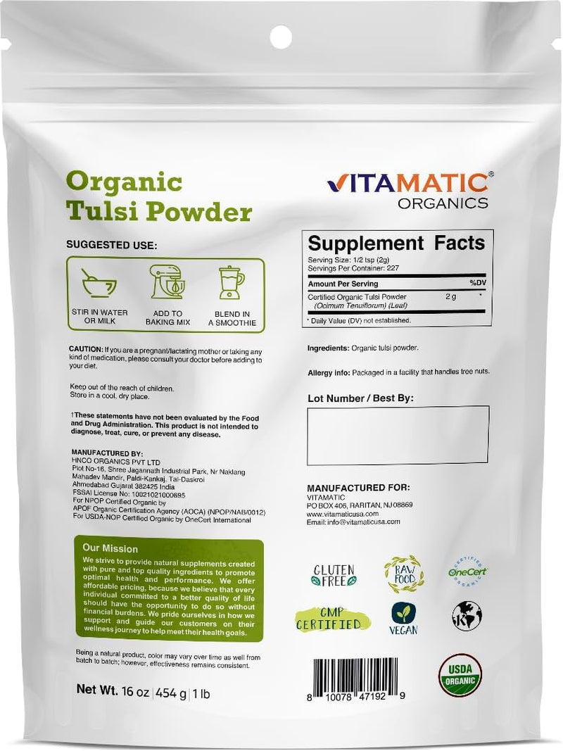 Certified USDA Organic Tulsi (Holy Basil) Powder 1 Pound (16 Ounce) TLBH