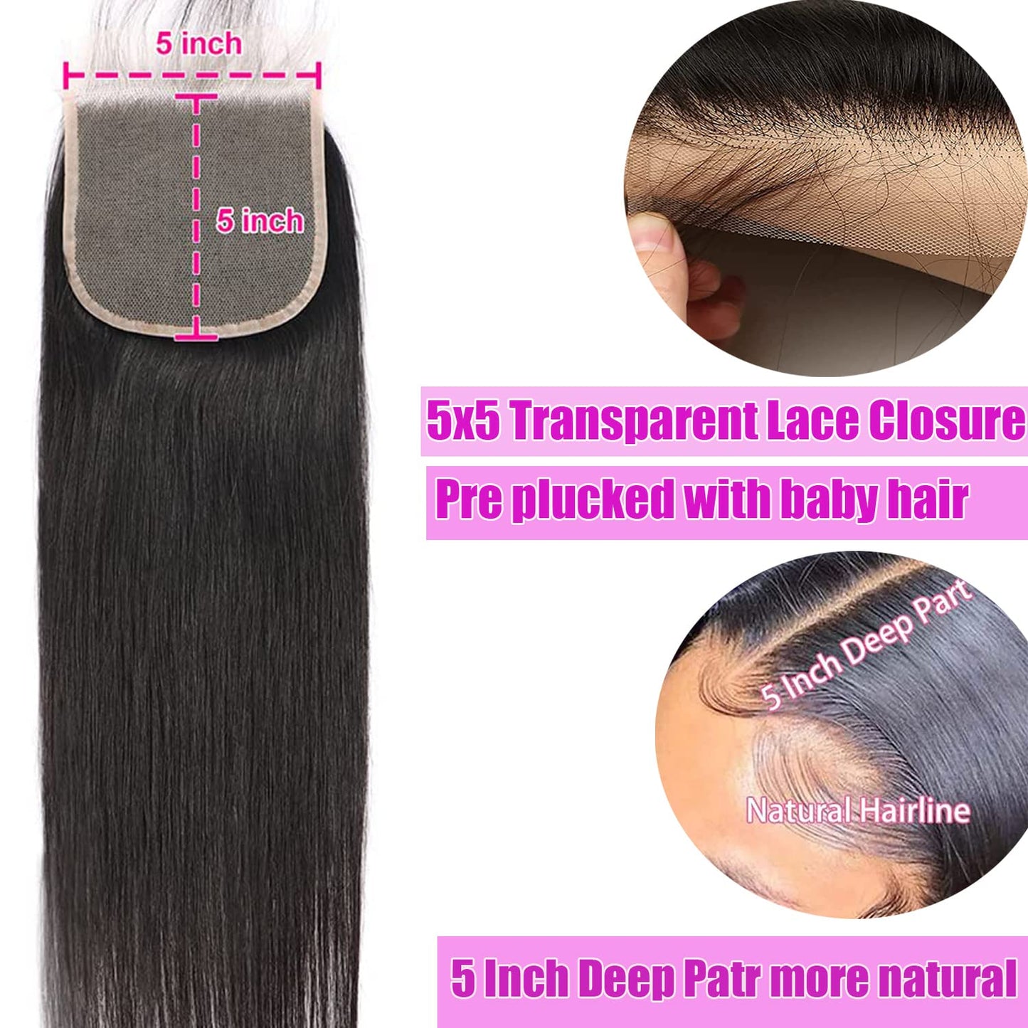 5X5 Hd Lace Closure Straight 5X5 Closure Human Hair 12A Real Transparent Lace Closure Virgin Remy Human Hair Frontal Closure Pre Plucked with Baby Hair Natural Black Color(10Inch)