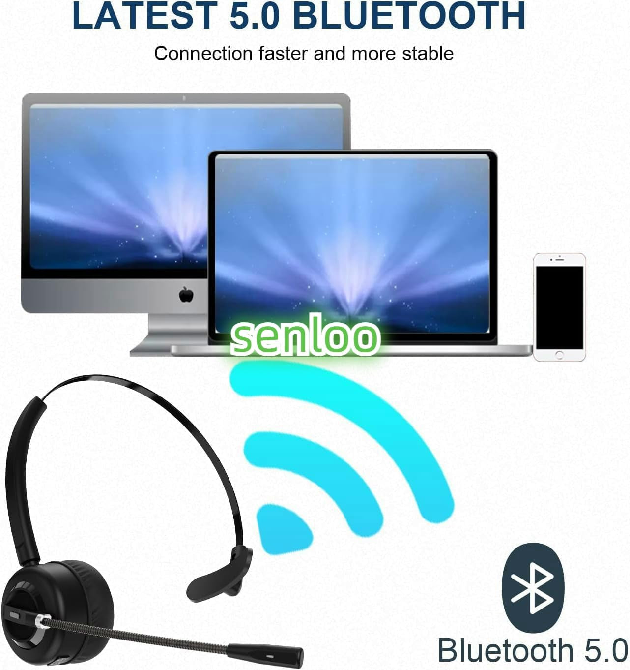 Wireless Computer Headset with Mic for Work Calls, On-Ear Wireless Headphones with AI Noise Cancelling Mic and Charging Base for PC, Cell Phone, Skype, Zoom, Truck Driver Headset, Black TRUCK DRIVER