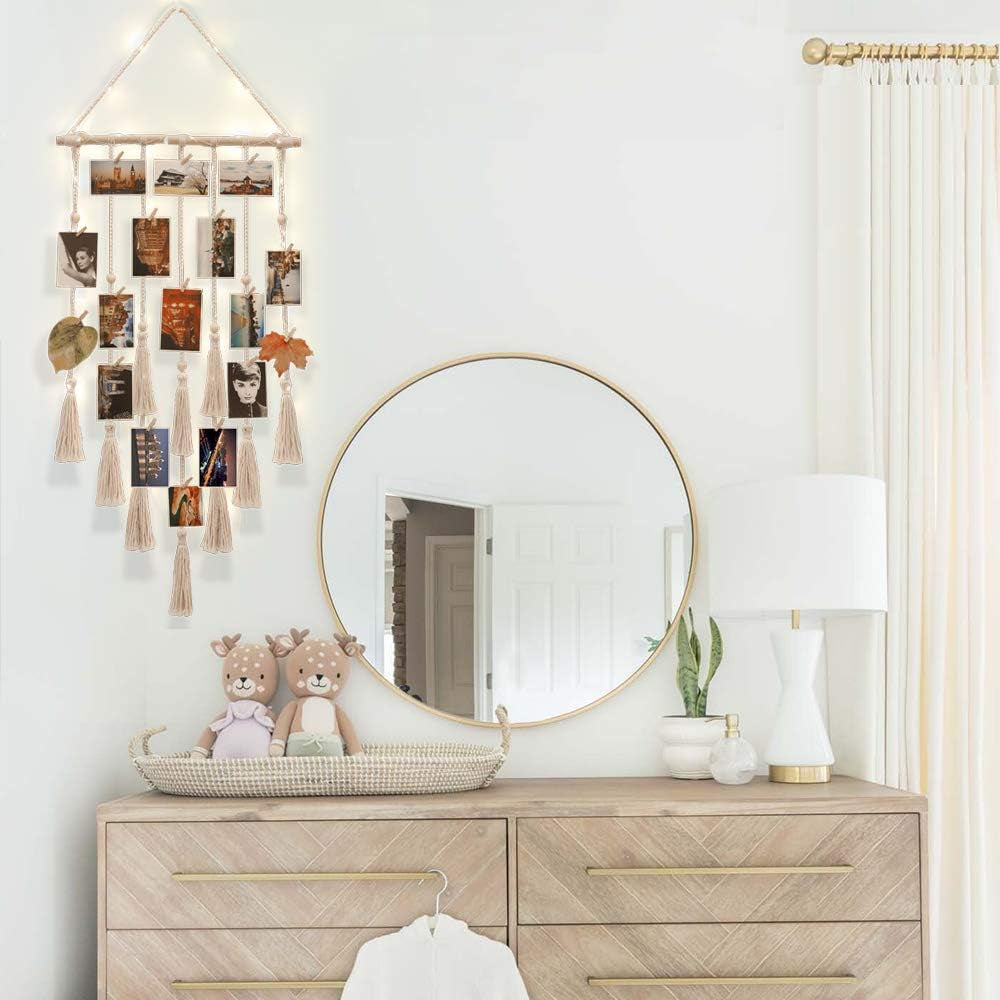 Hanging Photo Display Wall Decor, Macrame Wall Hanging Boho Room Bedroom Decor, Picture Frame Collage Board with Light 30 Clip, Christmas Teenage Teen Girl Gifts Ages 10 11 12 13 14 Years Old