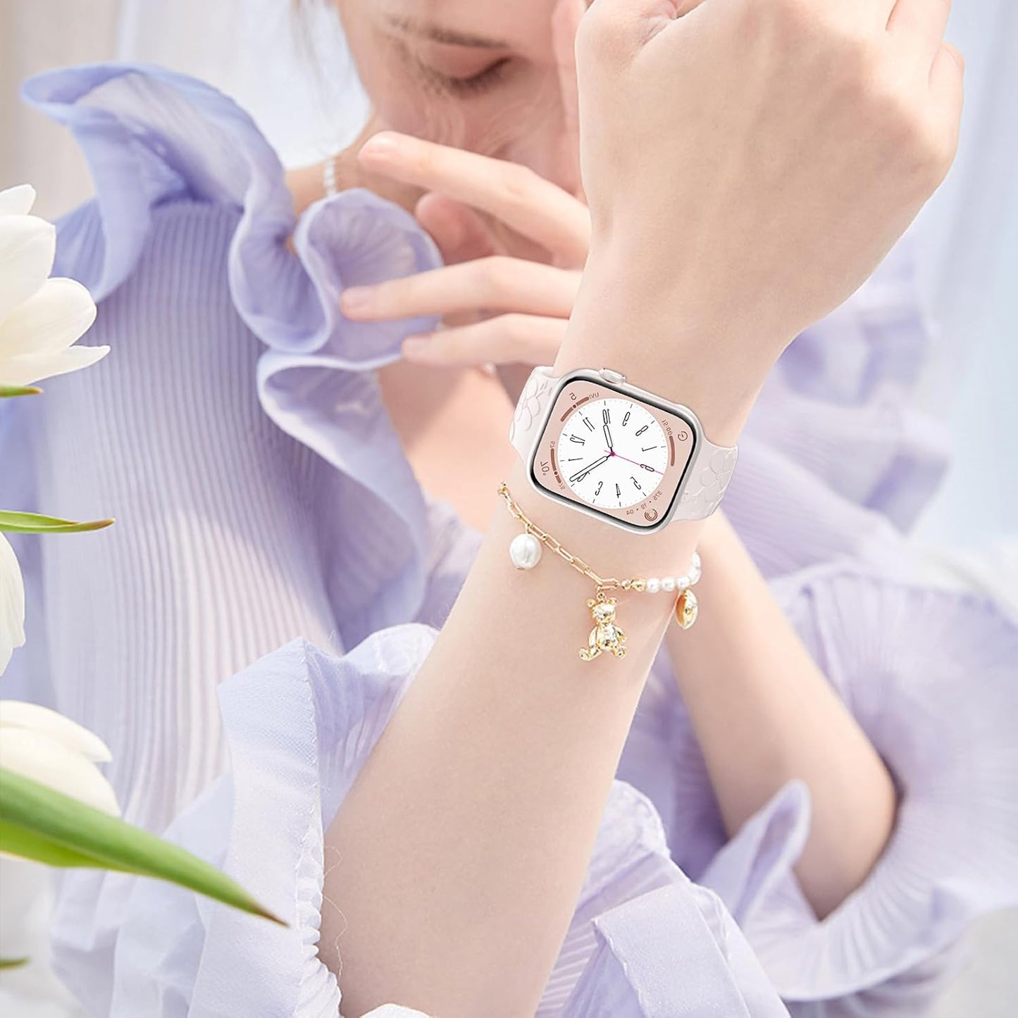 Floral Engraved Band for Apple Watch Band 38Mm 40Mm 41Mm 42Mm 44Mm 45Mm 49Mm Women,Soft Silicone Cute Embossed Flowers Bands for Iwatch Series 9/8/7/SE/6/5/4/3/2/1/ Ultra