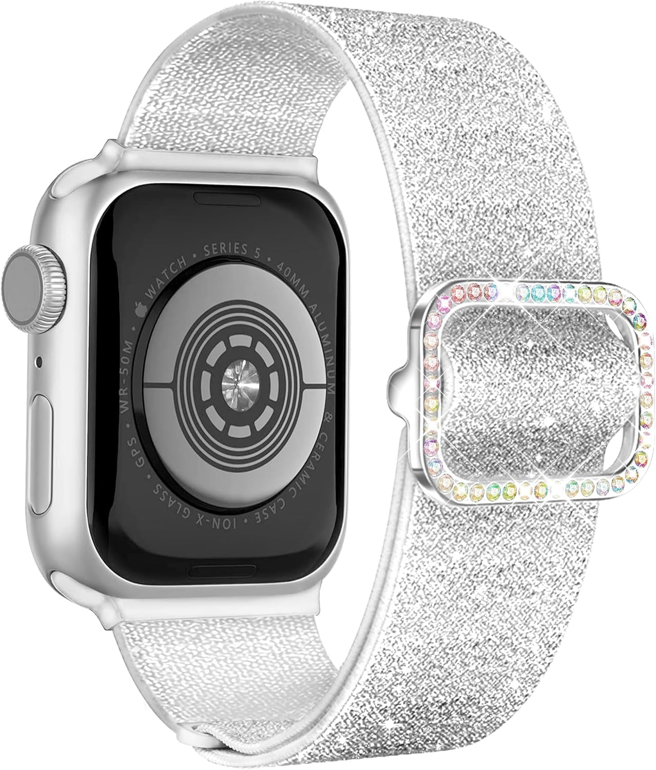 Sparkly Stretchy Nylon Band Fit Bling Apple Watch Bands for Women 42Mm 41Mm 40Mm 38Mm, Elastic Sport Solo Loop Iwatch Bands for Cute Glitter Iphone Watch Band Series 10 9 8 7 6 5 4 3 Se-Silver