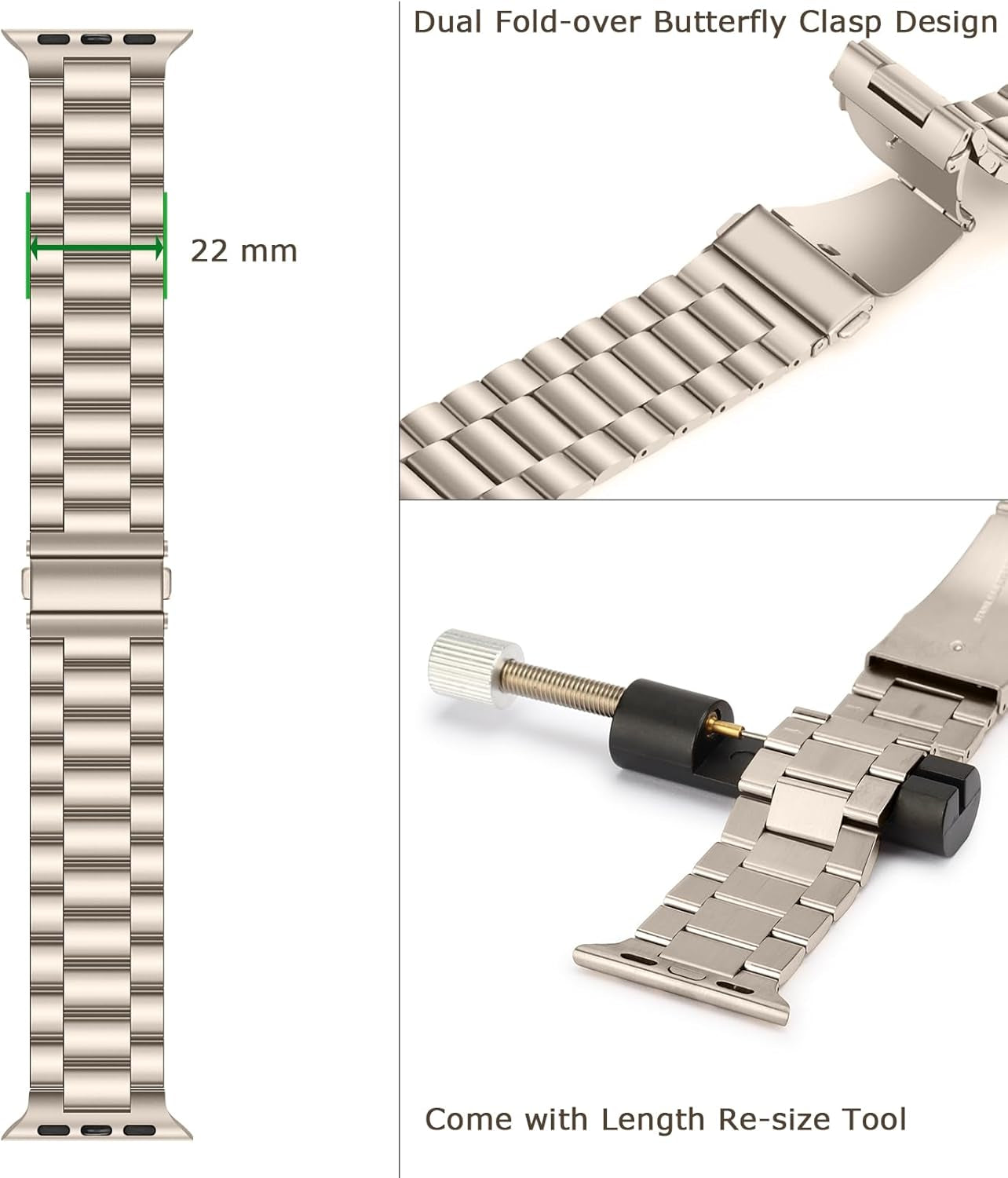 Band Compatible with Apple Watch Band 49Mm 45Mm 44Mm 42Mm Premium Stainless Steel Metal Replacement Strap Compatible with Apple Watch Ultra 2 Ultra Series 9 8 7 6 5 4 3 2 1 SE, Starlight