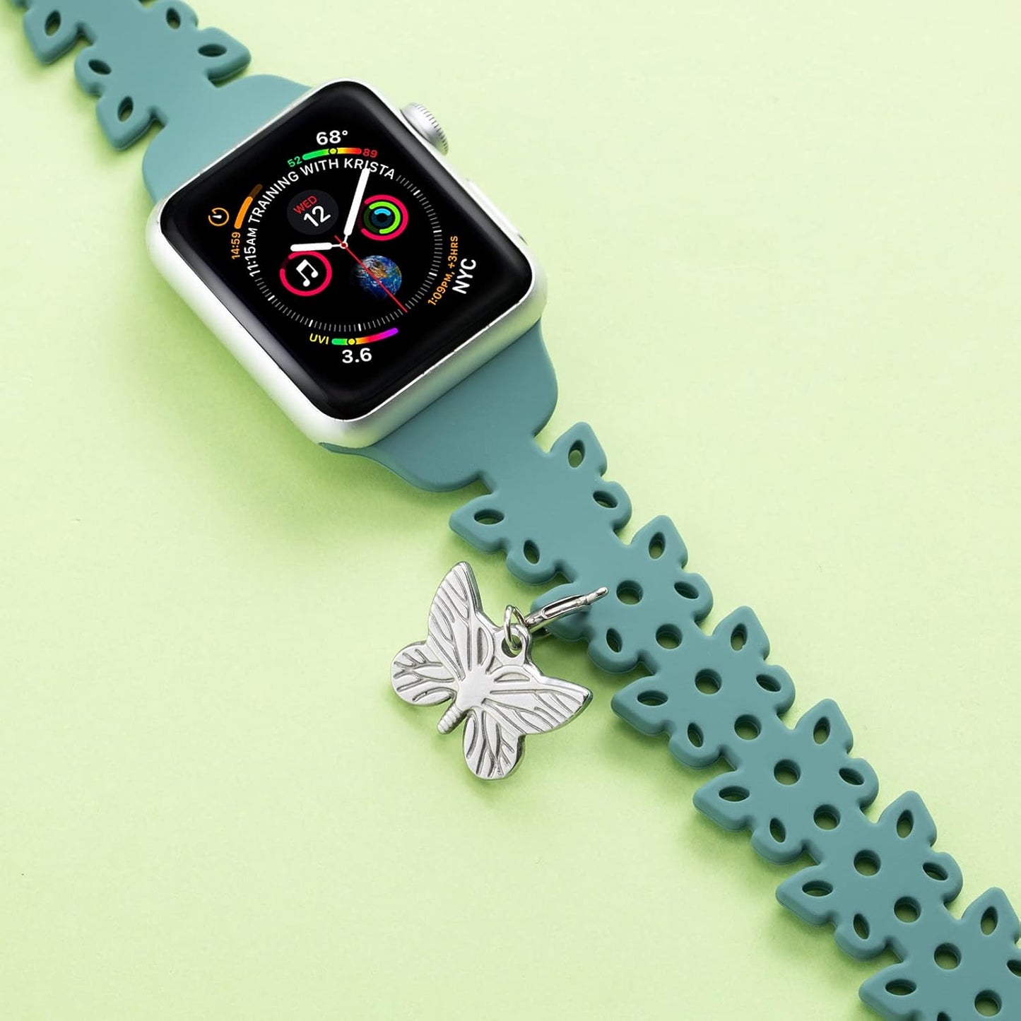Silicone Band Compatible with Apple Watch Bands 40Mm 44Mm 41Mm 45Mm 38Mm 42Mm Women Thin Slim Hollow-Out Metal Butterfly Charms Accessories Sport Strap Replacement Wristbands for Iwatch SE Series8 7 6 5 4 3 2 1
