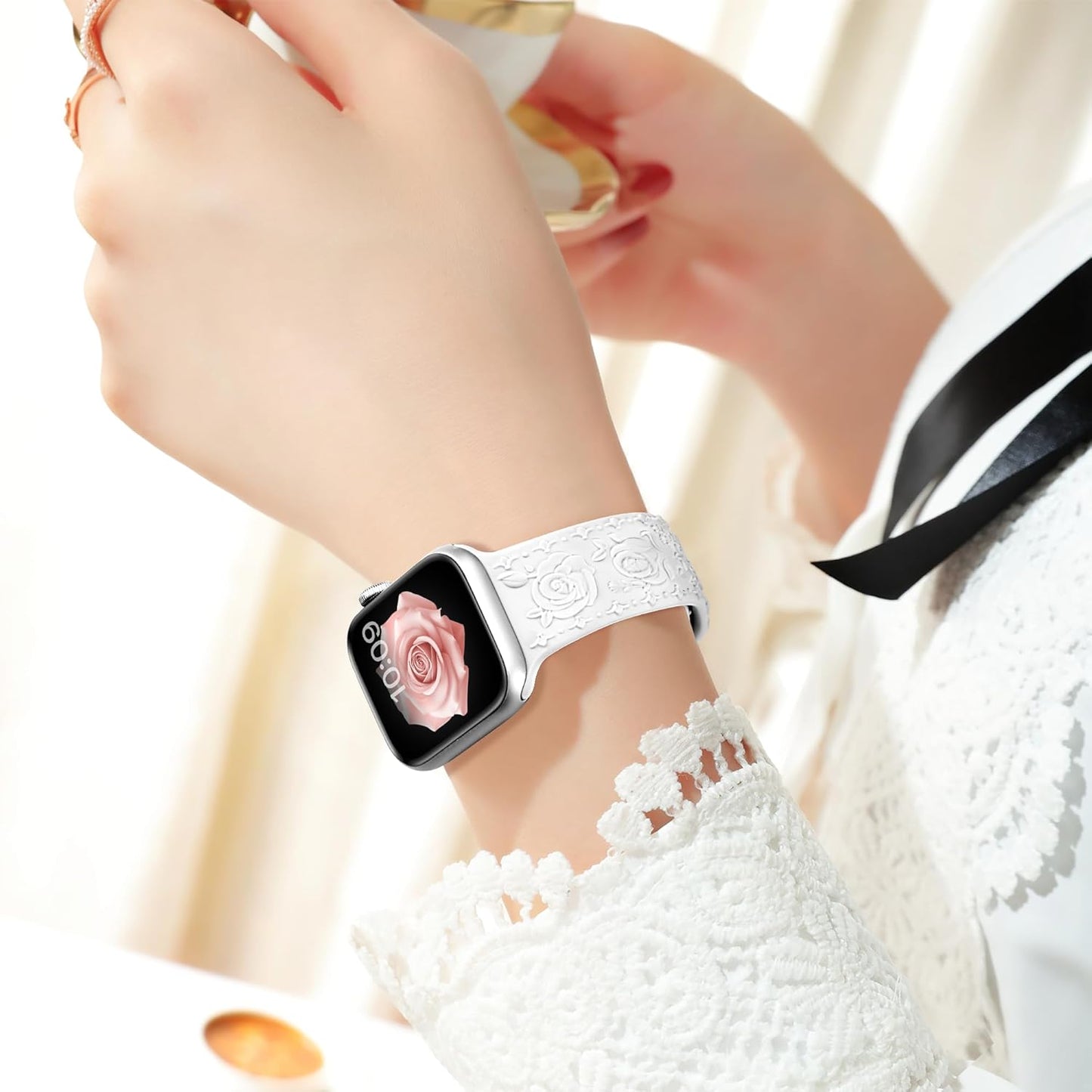 Floral Engraved Band for Apple Watch Bands for Women 46Mm 45Mm 44Mm 49Mm 42Mm(Series 3/2/1), Designer Dressy Iwatch Bands, Silicone Sport Bracelet for Apple Watch Series 10 Band 9 SE 8 7 6 5 4 3 Ultra 2 1-White