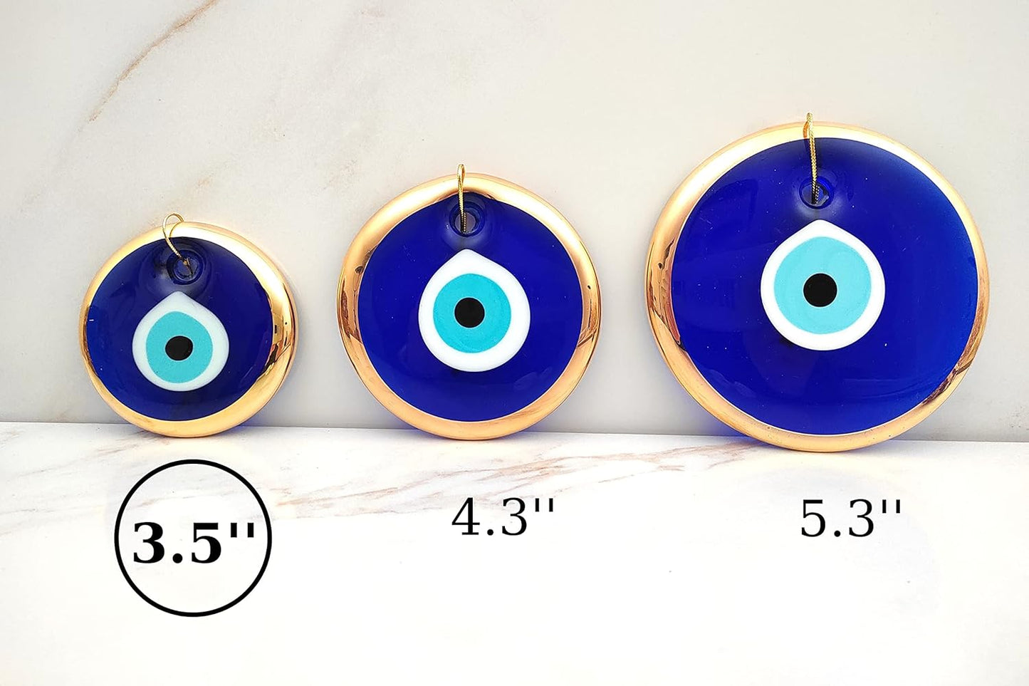 3.5" Glass Blue Evil Eye Wall Hanging Gold Ornament - Turkish Nazar Bead - Home Protection Charm - Gold Wall Decor Amulet in a Box (Medium)