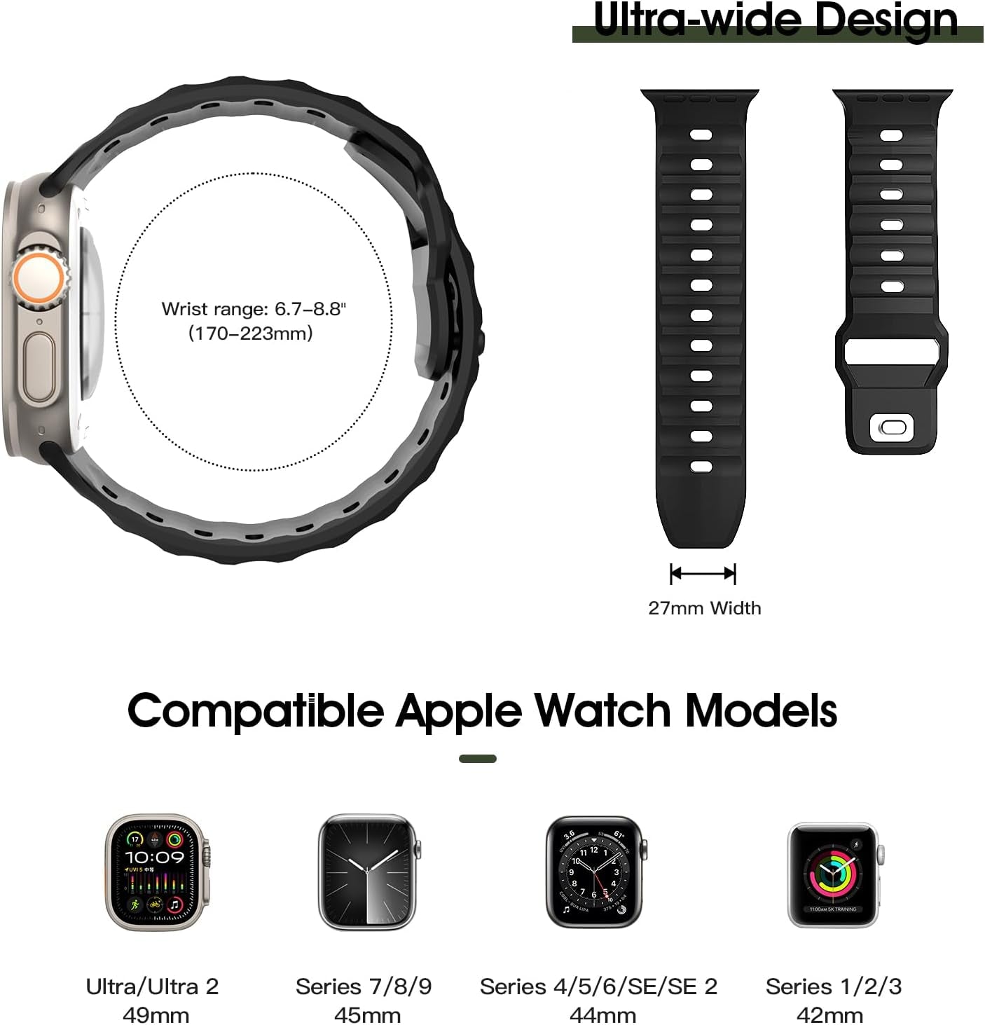 Sport Band Compatible with Apple Watch 49Mm 45Mm 44Mm 42Mm, 3Pcs Soft Silicone Replacement Watch Strap Fit Iwatch Ultra 2 Ultra SE Series 9 8 7 6 5 4 3 2 1