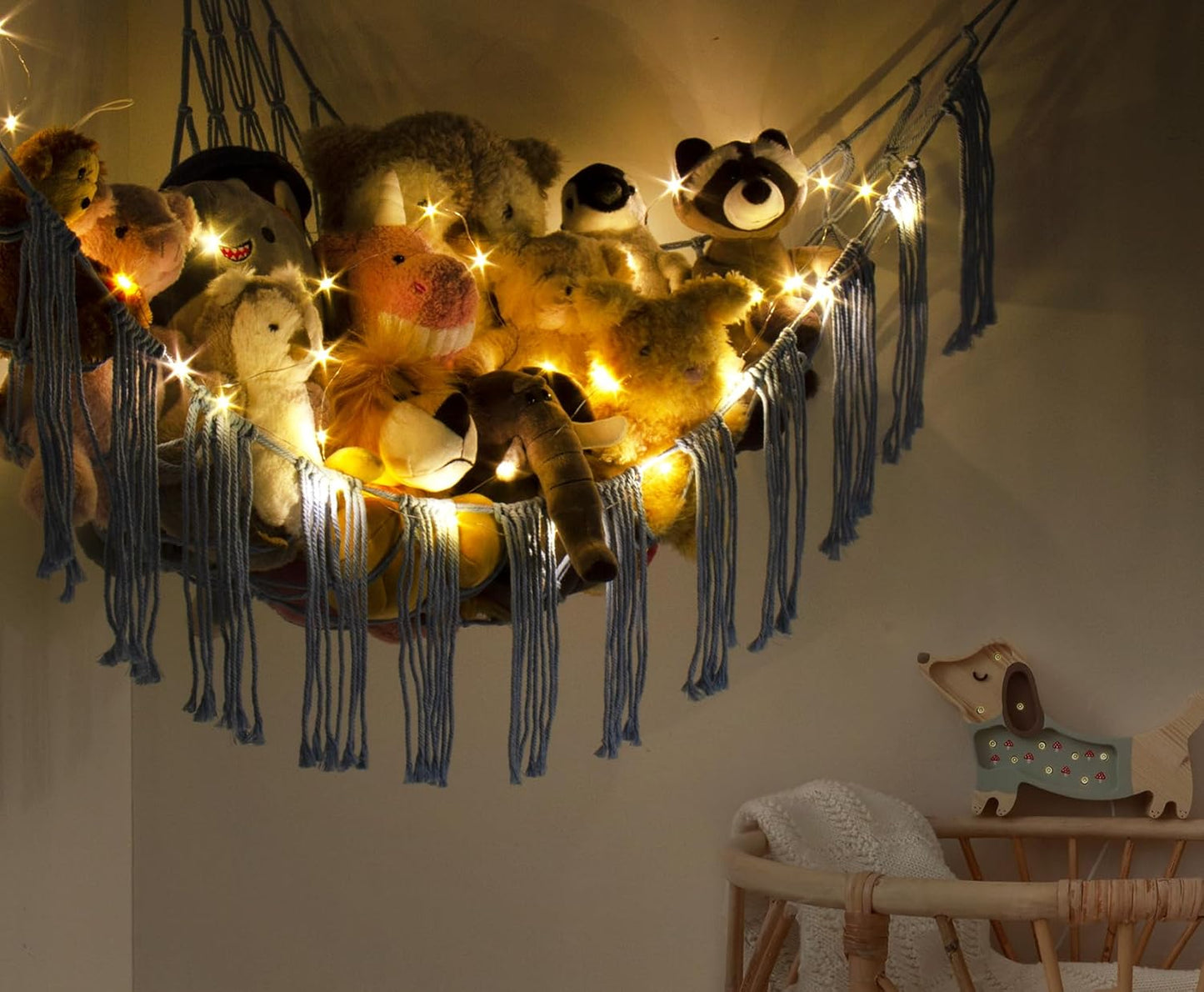 Stuffed Animal Hammock Corner with LED Light - Toy Storage Hammock Plushie Net Organizer - Teddy Bear Stuffy Hammock - Cute Blue Things for Bedroom - Wall Ceiling Hanging Decor