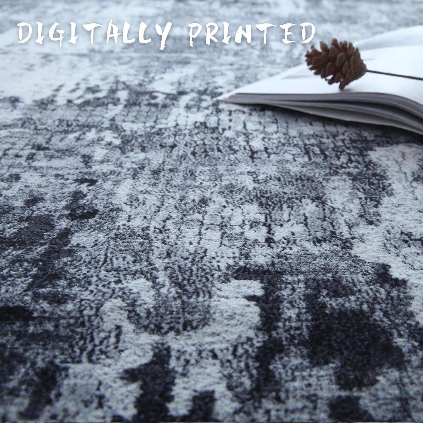 Area Rug 5X7 Washable Rug Boho Soft Abstract Pattern Non-Slip Faux Wool Vintage Rug for Living Room, Bedroom Rug, Farmhouse, Dining Room, Kids Playroom, Grey and Black