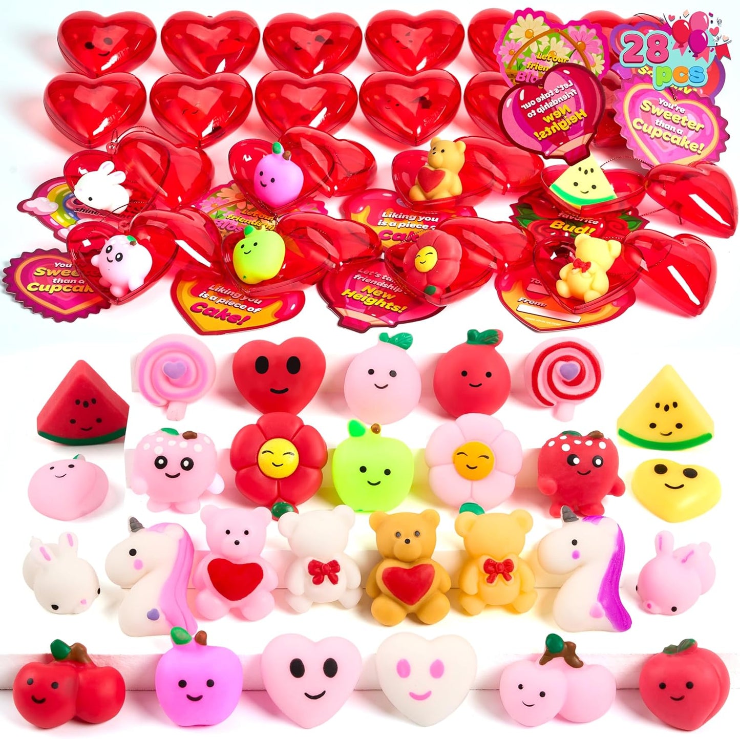 28 Mochi Squishy Toys Filled Hearts and Valentine Cards for Kids Valentine Classroom Exchange Party Favors, Kawaii Stress Relief Toys for Valentine Gift Exchange, Game Prizes and Carnivals Gift