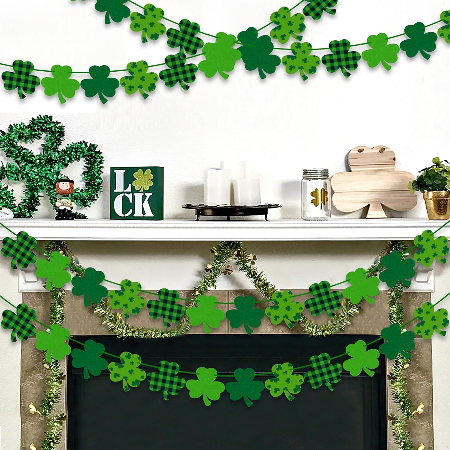 4PCS Felt Shamrock Clover Garland Banner - NO DIY, St. Patrick'S Day Decorations - Buffalo Plaid Dark Green Light Green Happy St. Patrick'S Day Banner for Home Mantel Office Irish Day Party Supplies