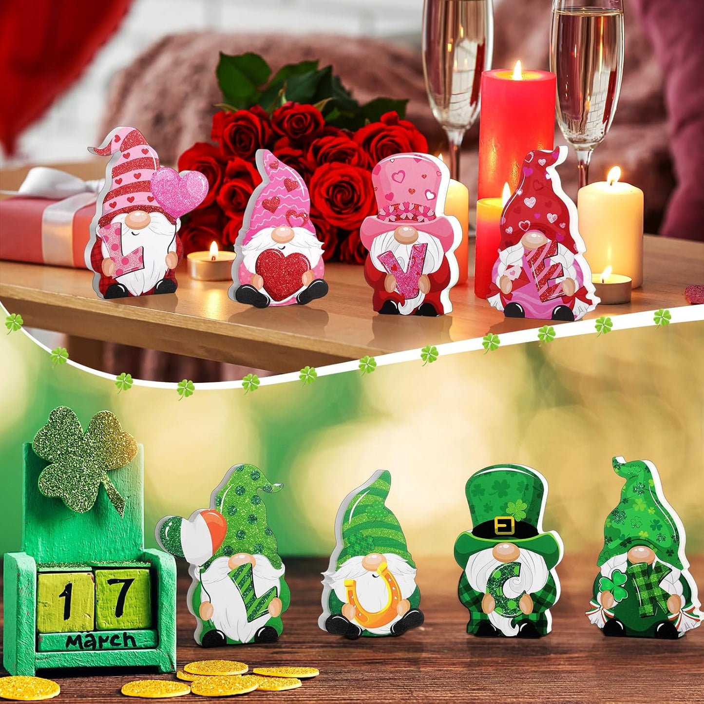 4 Pcs Valentine Wooden Table Sign Reversible St. Patrick'S Day Tabletop Decor Valentine Gnome Table Decoration Love and Luck Table Centerpiece for Home Kitchen Table Tiered Tray Party Decor