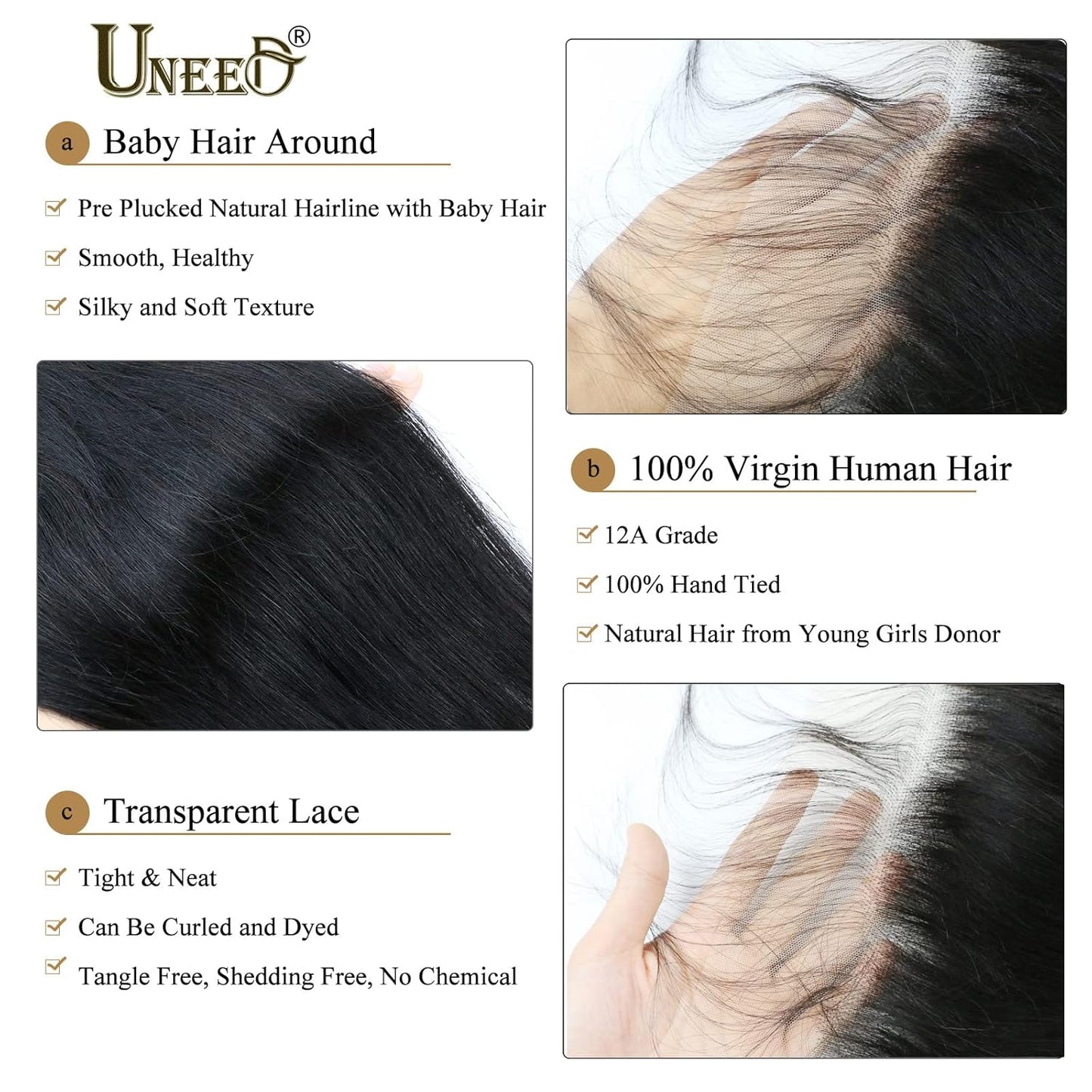 13X4 Frontal HD Lace Frontal 16 Inch Straight Frontal Human Hair Transparent HD Frontal Closure 150% Density Natural Hairline Pre Plucked with Baby Hair Black Color