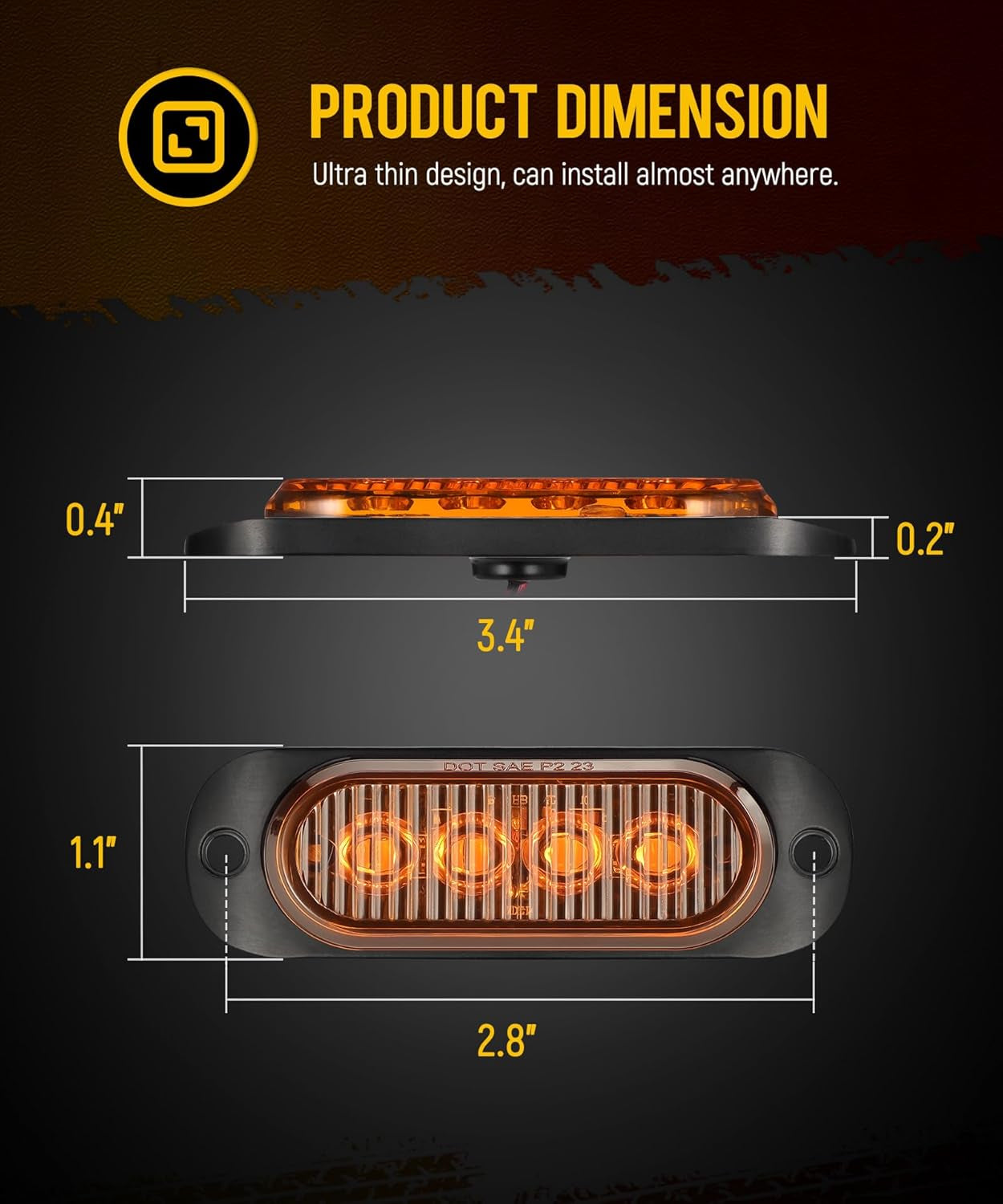 4Pcs 3.4 Inch Aluminum Housing Red/Amber LED Clearance Side Marker Lights, Surface Mount Marker Lights of Trailer Pickup Truck Tractor RV Motorcycle Golf Cart, IP67 Waterproof(2Red +2 Amber)