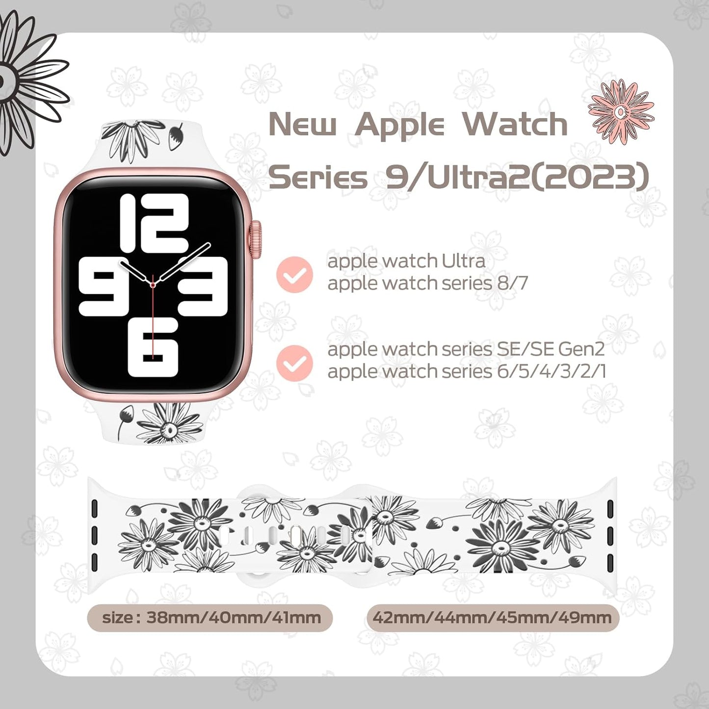 Designer Floral Engraved Band Compatible with Apple Watch Bands 40Mm 38Mm 41Mm 42/45/49Mm,Two-Tone Flower Soft Silicone Sport Strap for Iwatch Series 9 Ultra SE 8 7 6 5 4 3 2 Girl Black