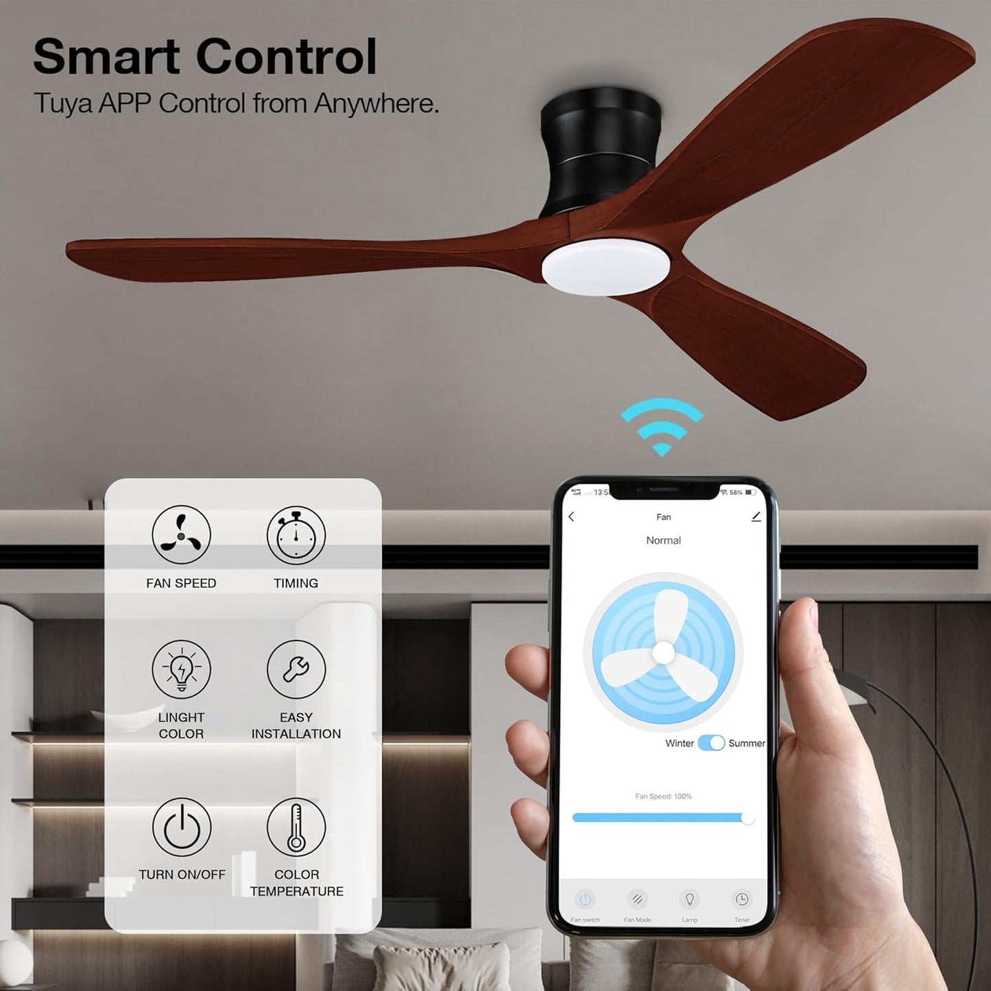 52” Smart Wood Flush Mount Ceiling Fans with Lights Remote,Quiet DC Motor,Outdoor Indoor Low Profile Ceiling Fan,Voice WIFI Alexa App Control,Dimmable,6-Speed,For Modern Bedroom Patio