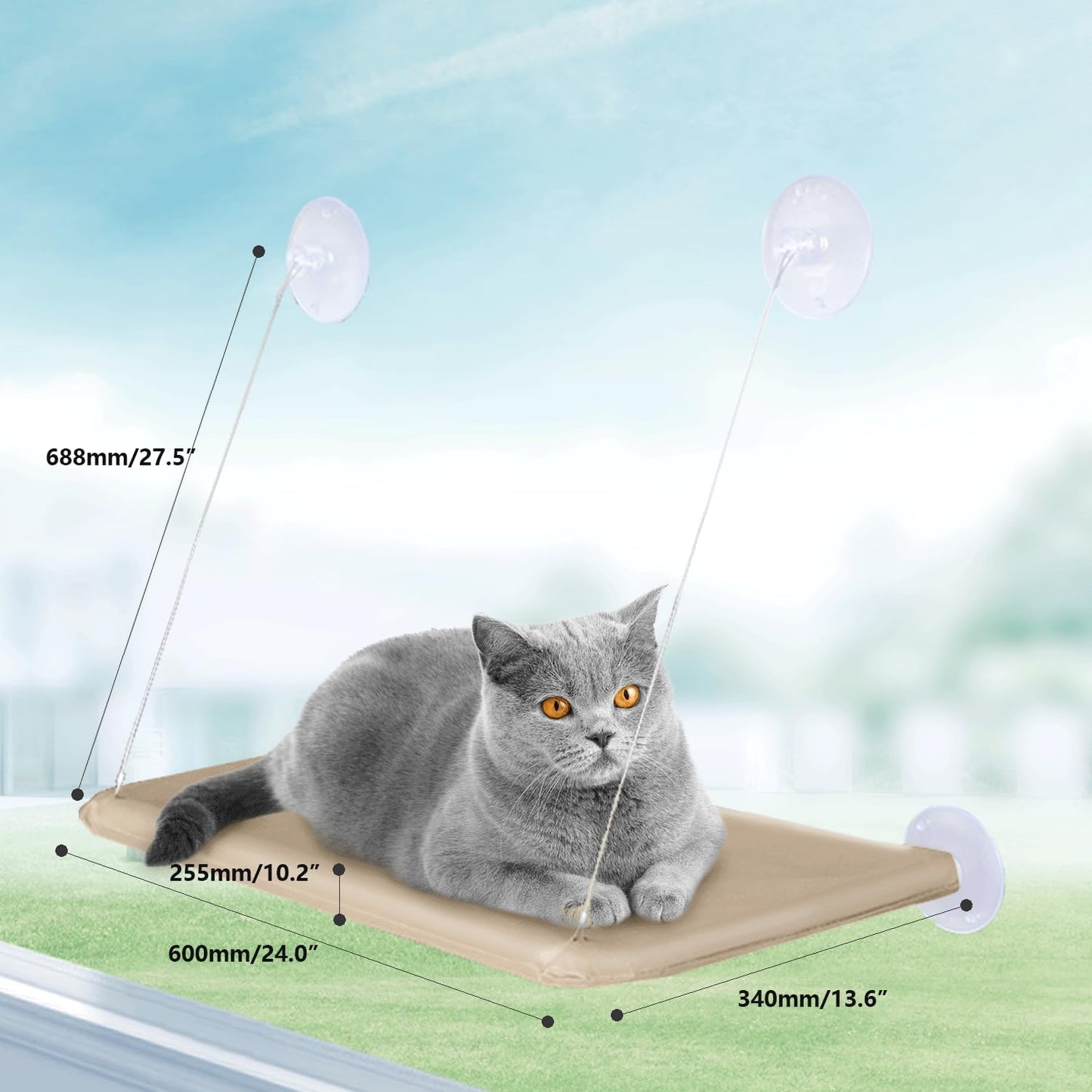 Cat Perch for Window Sill with Bolster-Cat Hammock Window Seat,Easy to Adjust Cat Bed for Windowsill, Bedside, Drawer and Cabinet(Khaki)