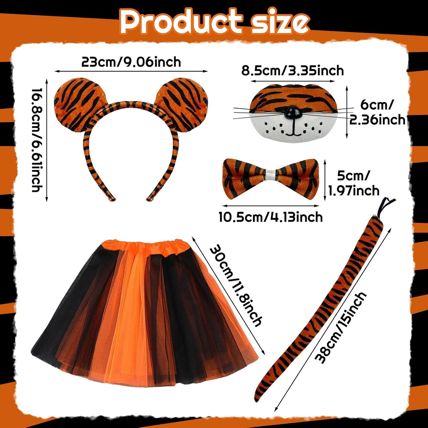 5 Pieces Tiger Costume Set, Tiger Ear Headband Tail Nose Bow Tie Tutu Skirt for Halloween Costume Cosplay Party Decoration
