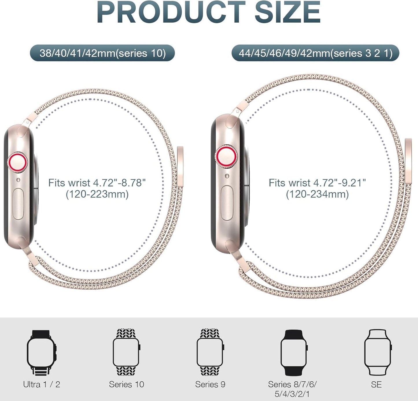 2 Pack Stainless Steel Mesh Loop Compatible with Apple Watch Band 38Mm 40Mm 41Mm 42Mm Series 10 Women Men, Magnetic Clasp Replacement Strap for Iwatch - Rose Gold+Silver