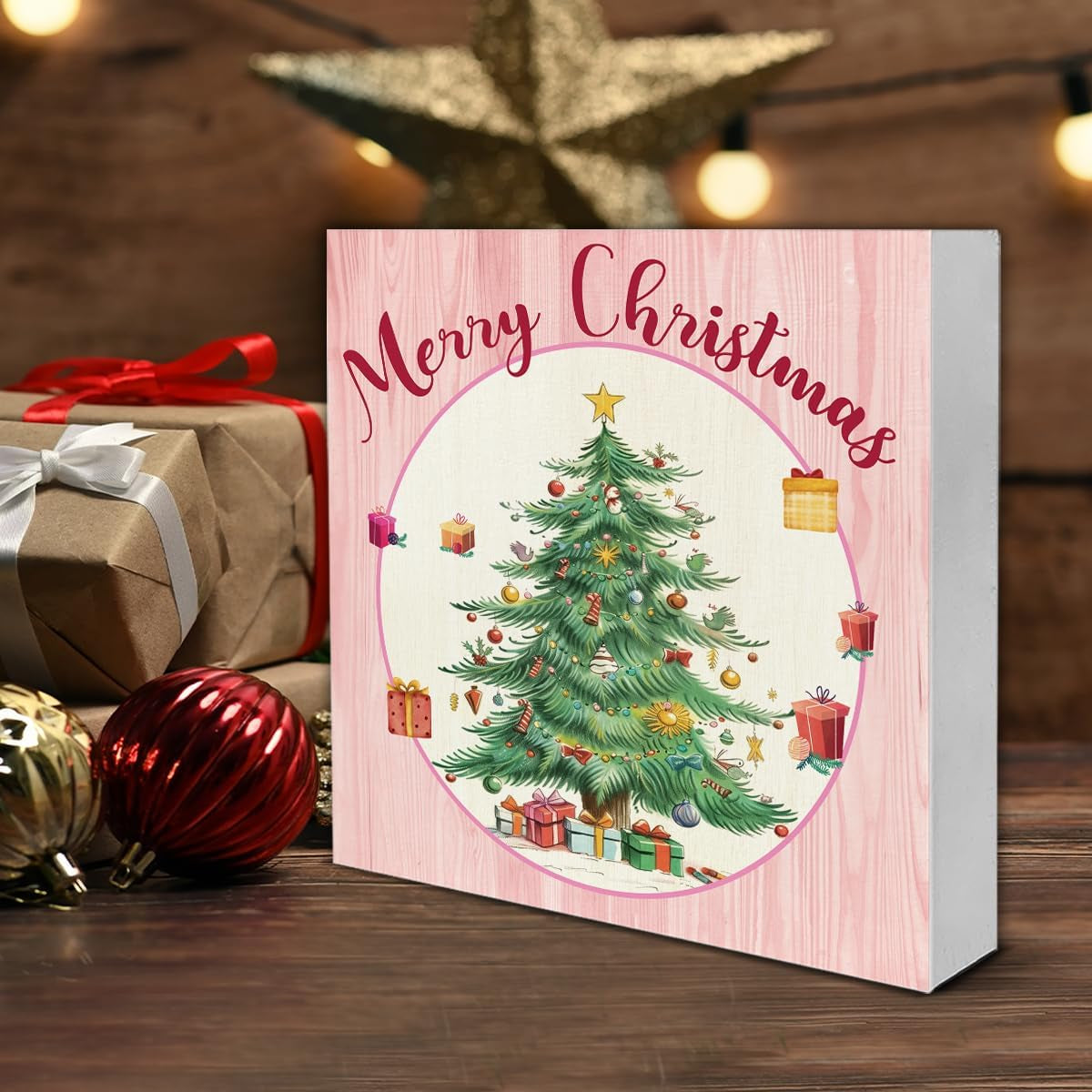 Pink Christmas Decor, Merry Christmas Wooden Sign Home Decor, Christmas Tree Wooden Block Sign, Christmas Decor for Table Shelf 5 X 5 Inch