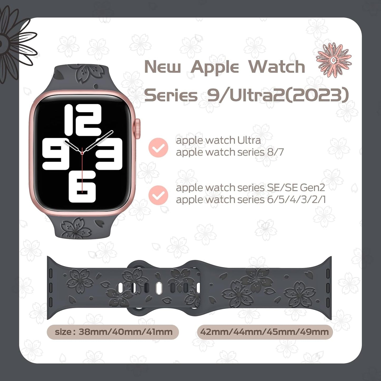 Designer Floral Engraved Band Compatible with Apple Watch Bands 40Mm 38Mm 41Mm 42/45/49Mm,Two-Tone Flower Soft Silicone Sport Strap for Iwatch Series 9 Ultra SE 8 7 6 5 4 3 2 Coal Grey