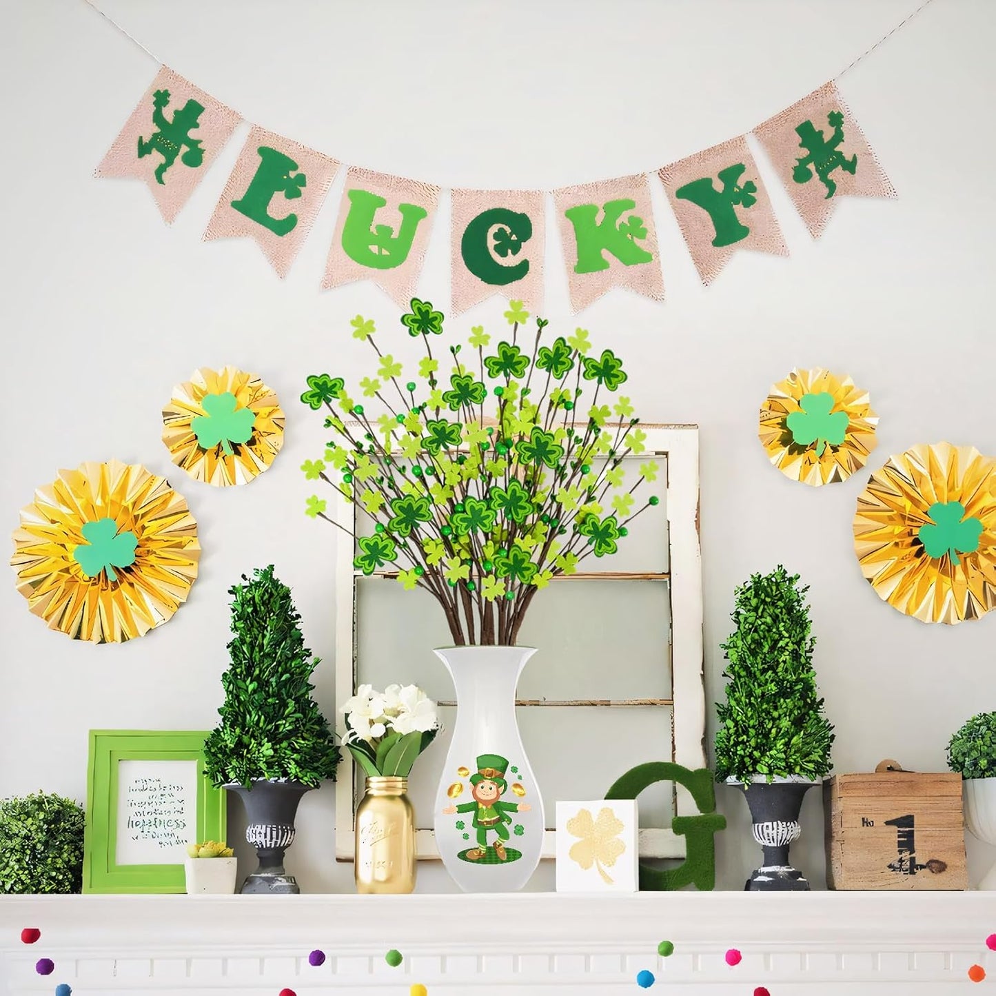 6Pcs St Patricks Day Decorations, 23.8" Artificial Shamrock Picks Fake Green Berry Stems Clover Flower Floral Branches for Home Party Table Centerpiece St. Patrick'S Day Decor