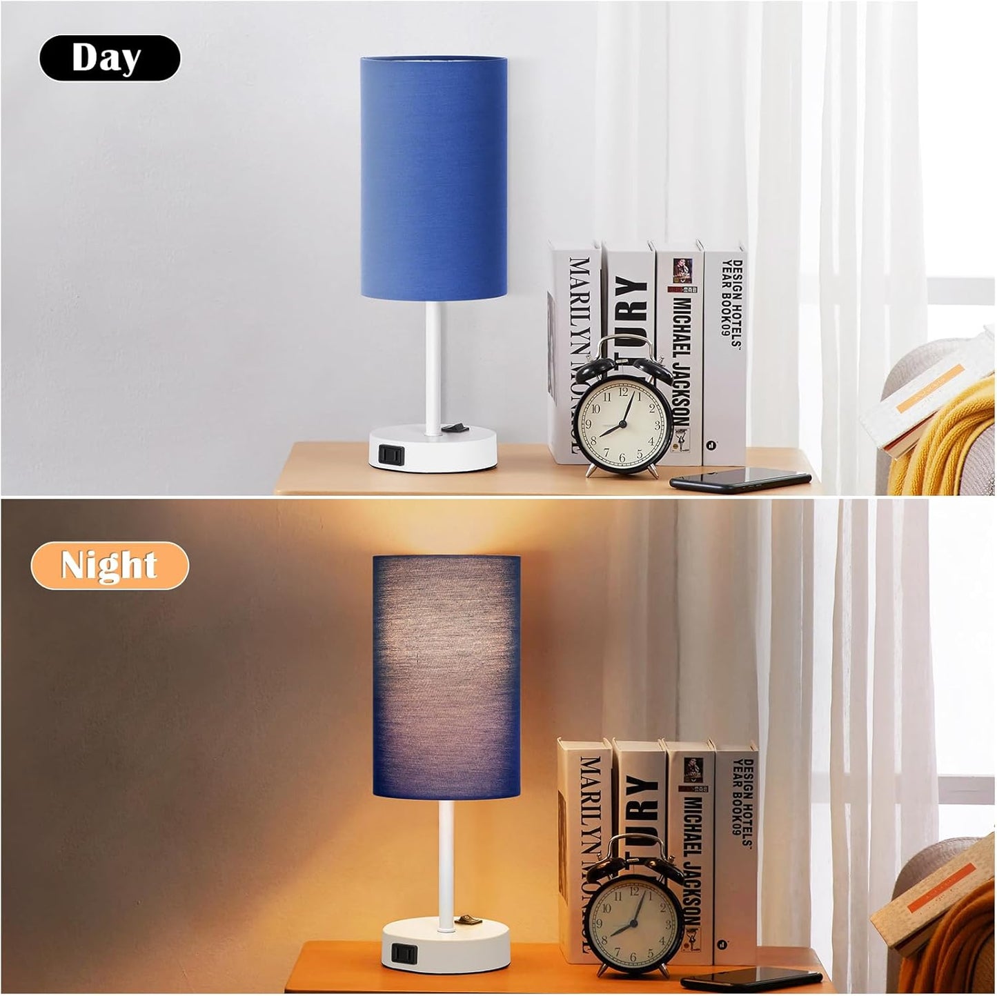 Table Lamp for Bedroom Set of 2, Bedside Small Lamps with 3 Way Dimmable Rocker Switch and AC Outlet, Nightstand Desk Lamp with Blue Fabric Shade White Base for Living Room Home Decor Lights