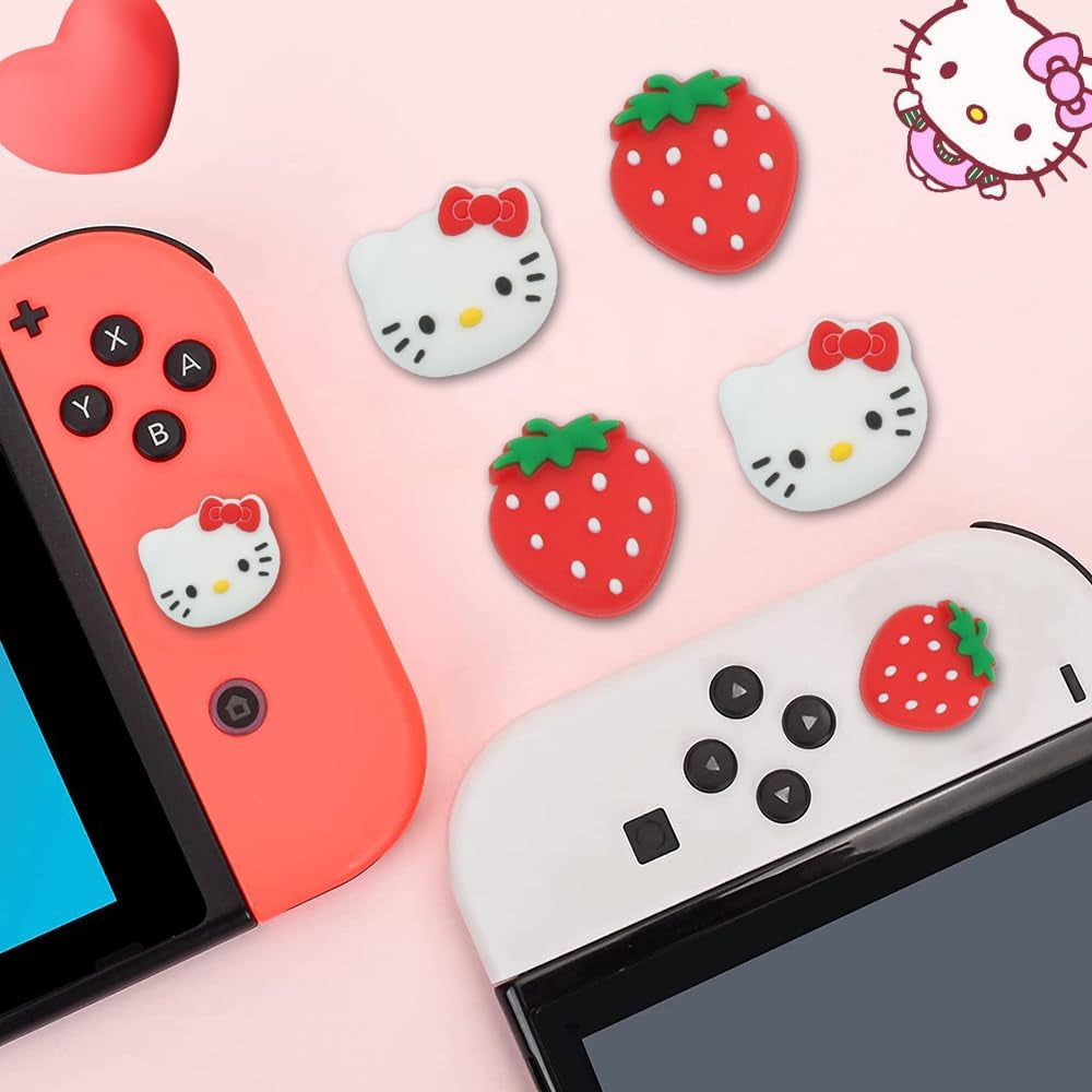 Switch Thumb Grips Caps, Cute Kitty Joystick Caps for Nintendo Switch/Lite/Switch OLED, 4 PCS Thumbstick Cover, Analog Stick Button Cover for NS Joycon Controller Accessories,Strawberry