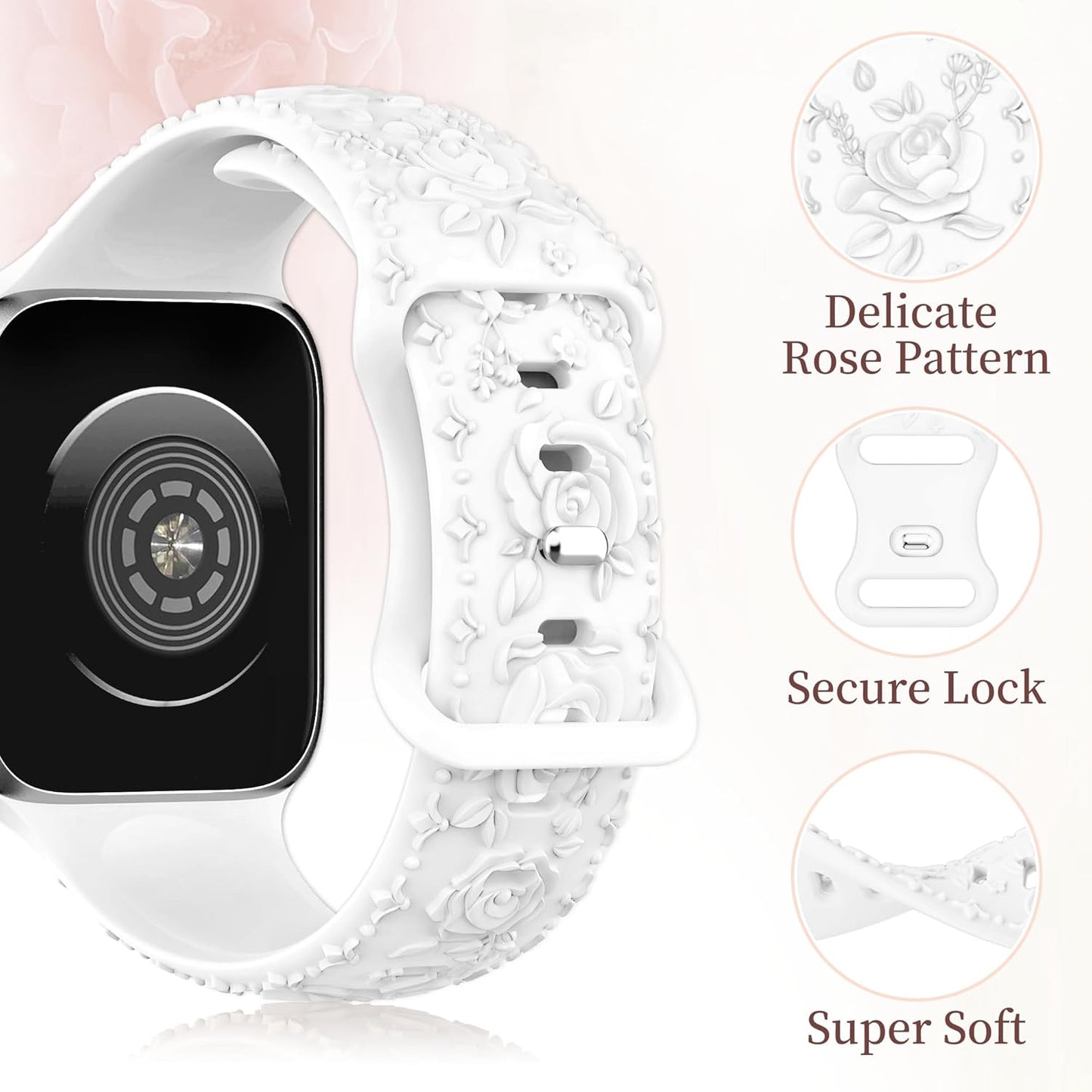 Floral Engraved Band for Apple Watch Bands for Women 46Mm 45Mm 44Mm 49Mm 42Mm(Series 3/2/1), Designer Dressy Iwatch Bands, Silicone Sport Bracelet for Apple Watch Series 10 Band 9 SE 8 7 6 5 4 3 Ultra 2 1-White