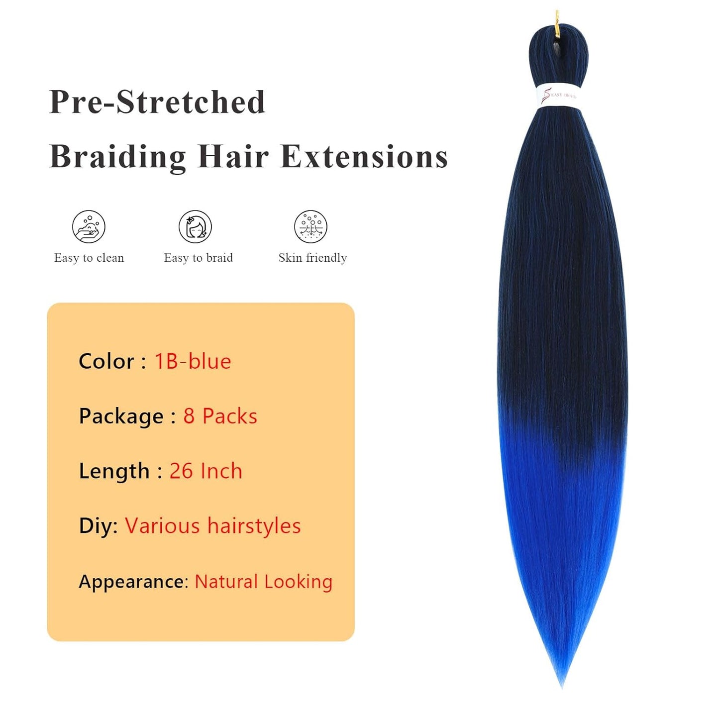 Braiding Hair Pre Stretched - 26 Inch Pre Stretched Braiding Hair 1B/Blue Braiding Hair 8 Packs Ombre Braiding Hair for Black Women (26 Inch(8Packs), 1B/Blue)