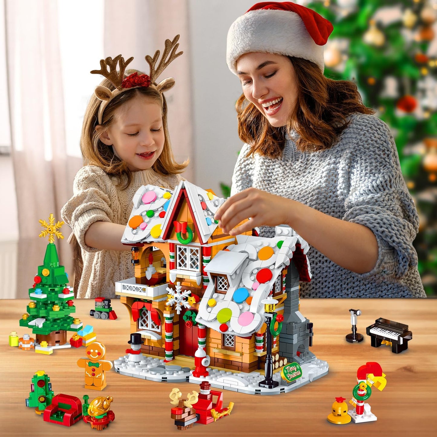 3 Style Christmas Gingerbread House Building Set with LED Light - 2024 Snowscape Village House Building Block Toy with Santa Claus Xmas Tree Train Gifts for Adults Kids Girls Boys Ages 8+ (1397 PCS)
