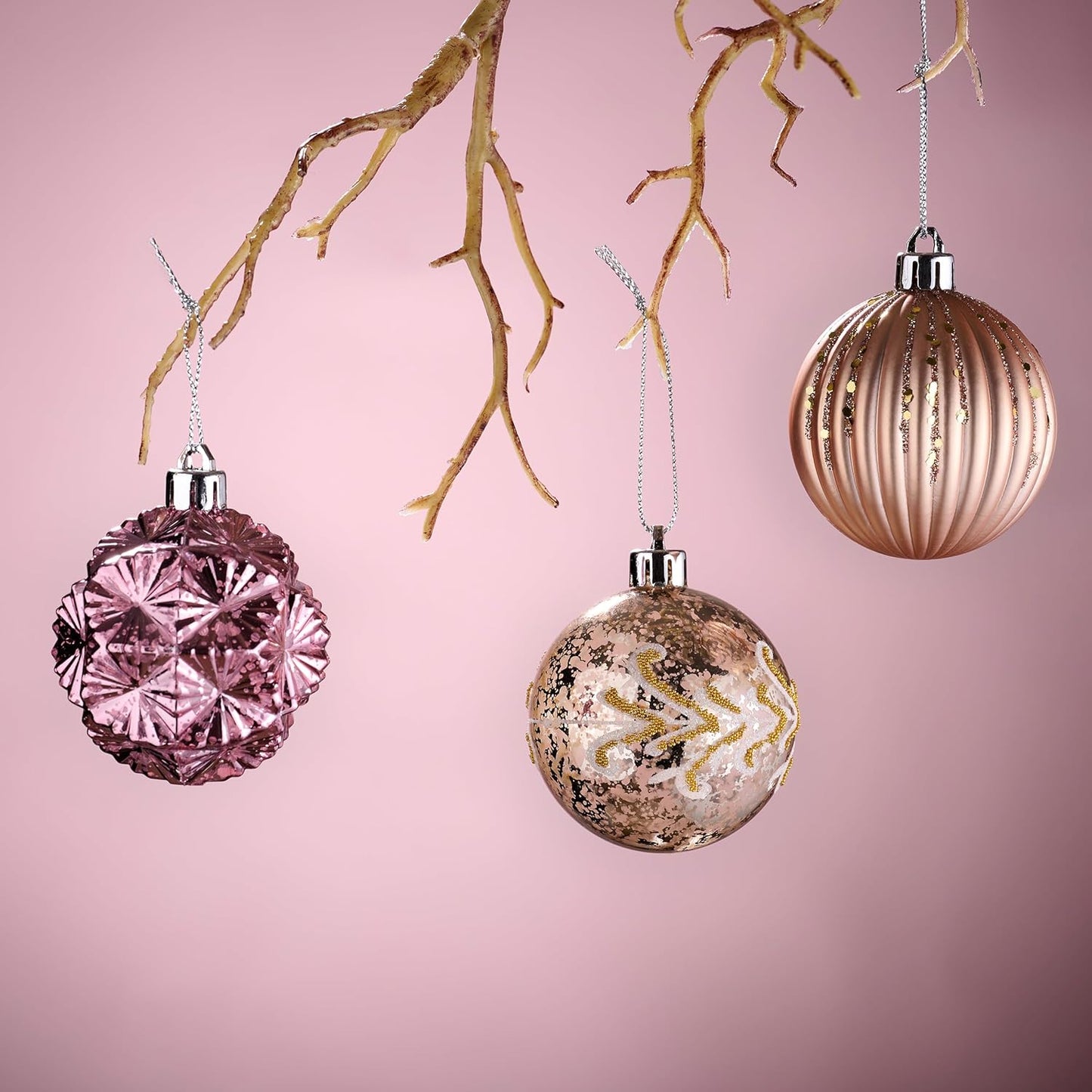 Decorbyhannah 70Ct Christmas Ornaments Set, Shatterproof Decorative Pink Gold Christmas Tree Decorations with Small Xmas Tree, Gnome and Wooden Lighted Bird House for Home Party Halloween Decor