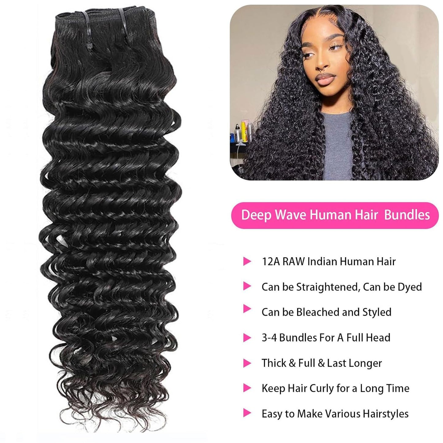 Deep Wave Bundles Human Hair Bundles 10 Inch Hair Bundles 12A Unprocessed Brazilian Virgin Human Hair Bundles Double Weft Deep Curly Weave Bundles Natural Black