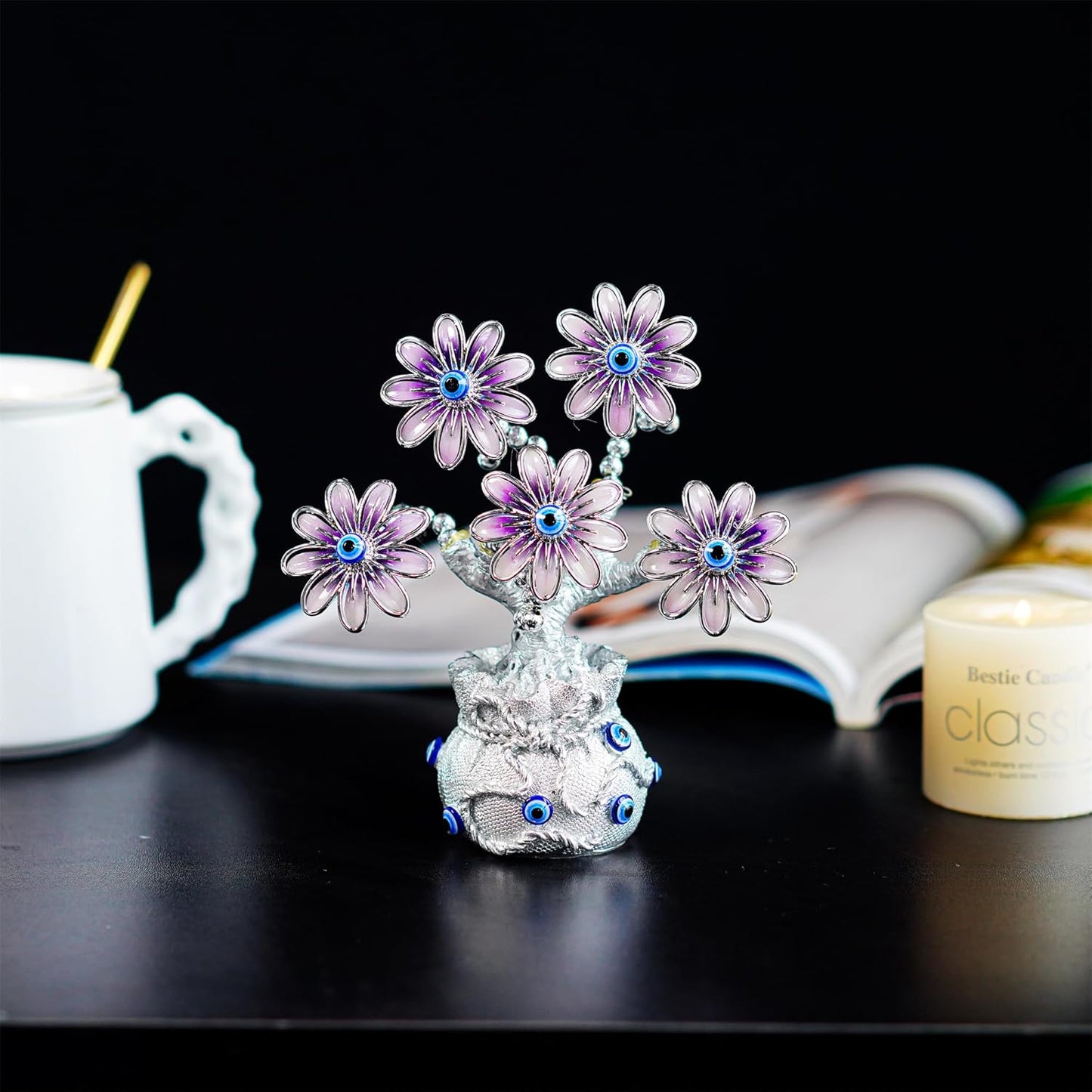 Turkish Blue Evil Eye Pink Flowers Money Fortune Tree with Lucky Bag Vase Protection Good Luck Gift