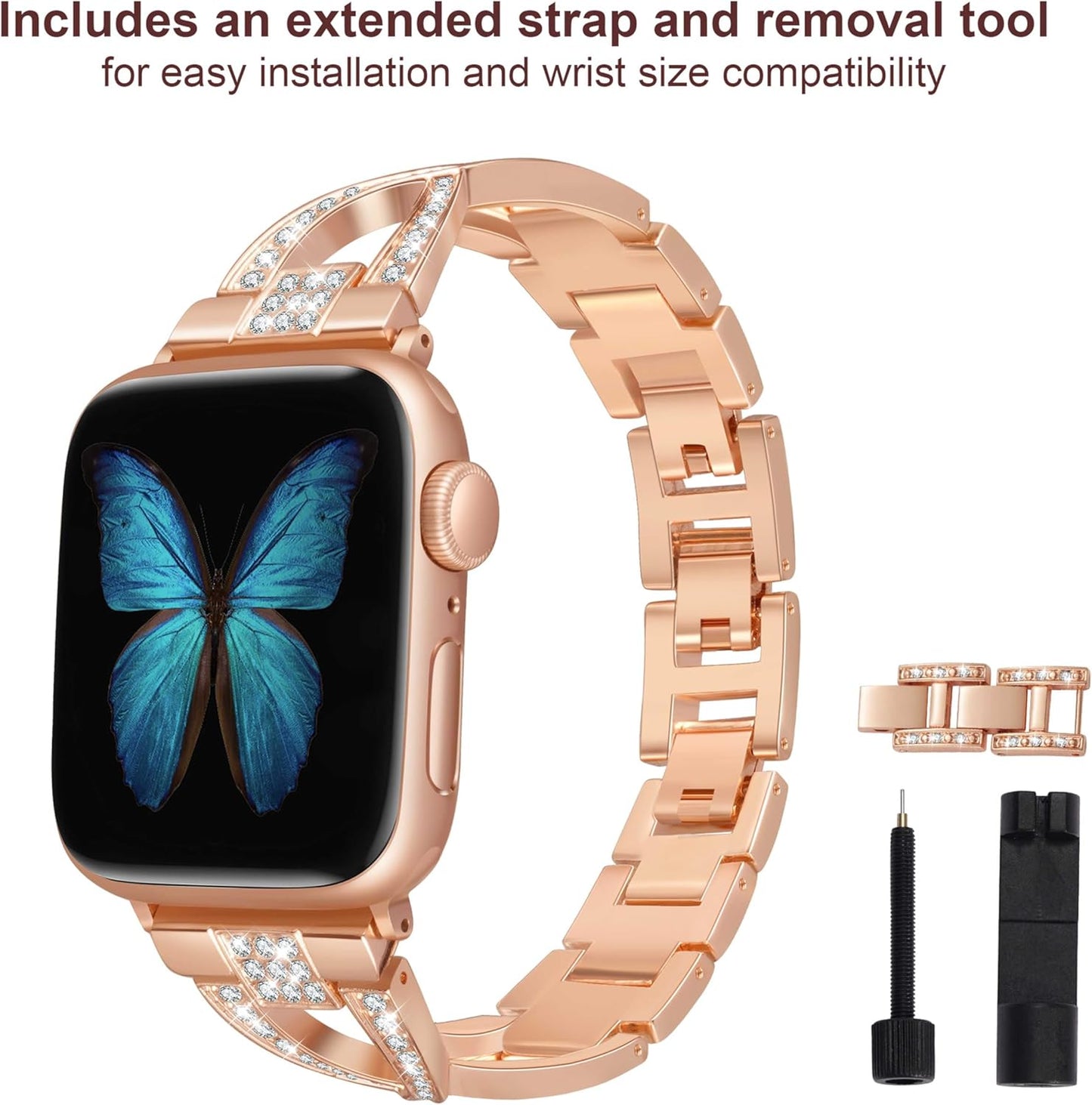 Bands for Apple Watch 38Mm 40Mm 41Mm Women Series 9 8 7 6 5 4 SE Iwatch Band Bling Metal Bracelet Fancy Cute Dressy Strap Rose Gold
