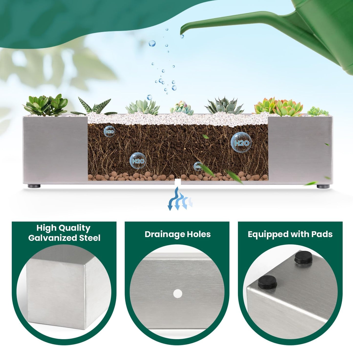 Trough Rectangle Planter Long Window Sill Planter Box Stainless Steel Window Planters Modern Succulent Planter Slivery 16 in Metal Windowsill Pot for Indoor Plants Herb Table Home Outdoor