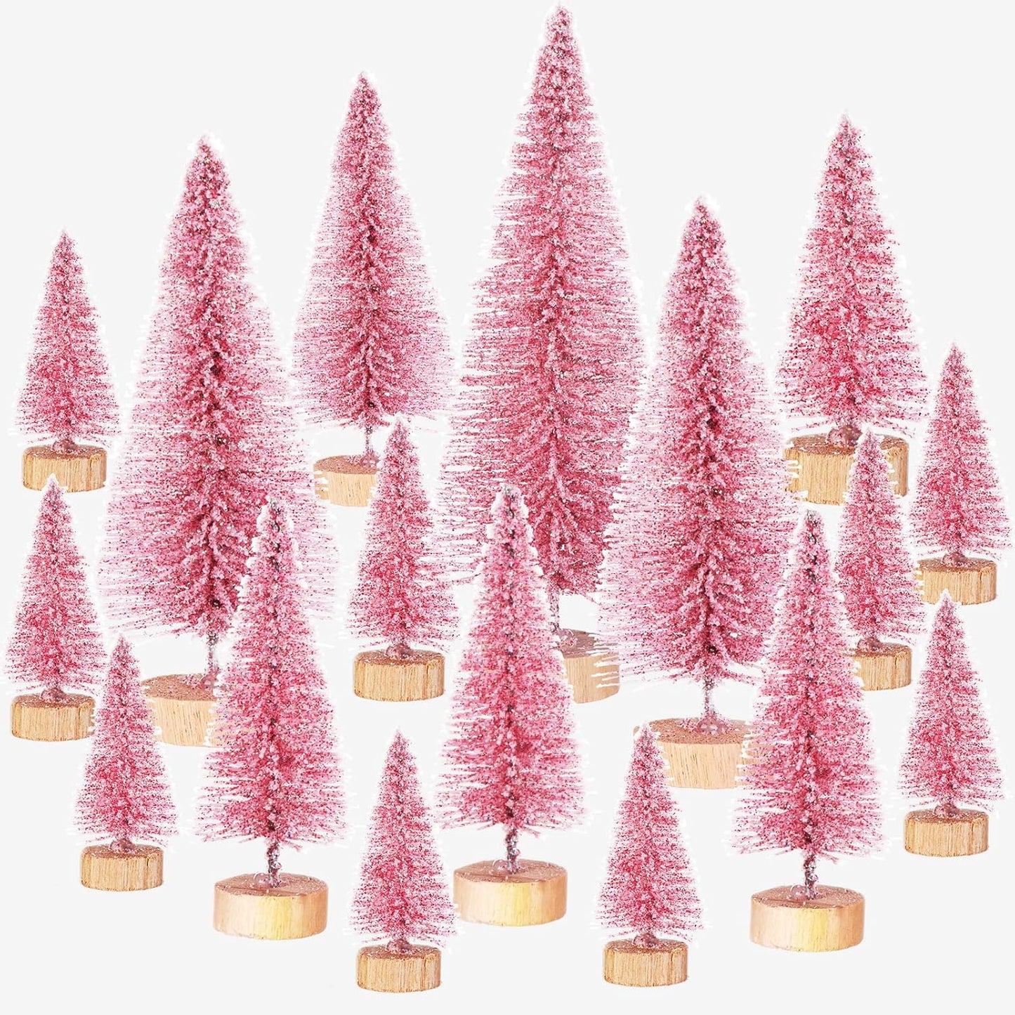 42 Pcs Christmas Tree DIY Bottle Brush Trees Pink Plastic Sisal Trees Miniature Snow Frost Fir with Wood Base for DIY Crafting,Displaying,Desktop Home Decoration Christmas Decoration,6 Styles