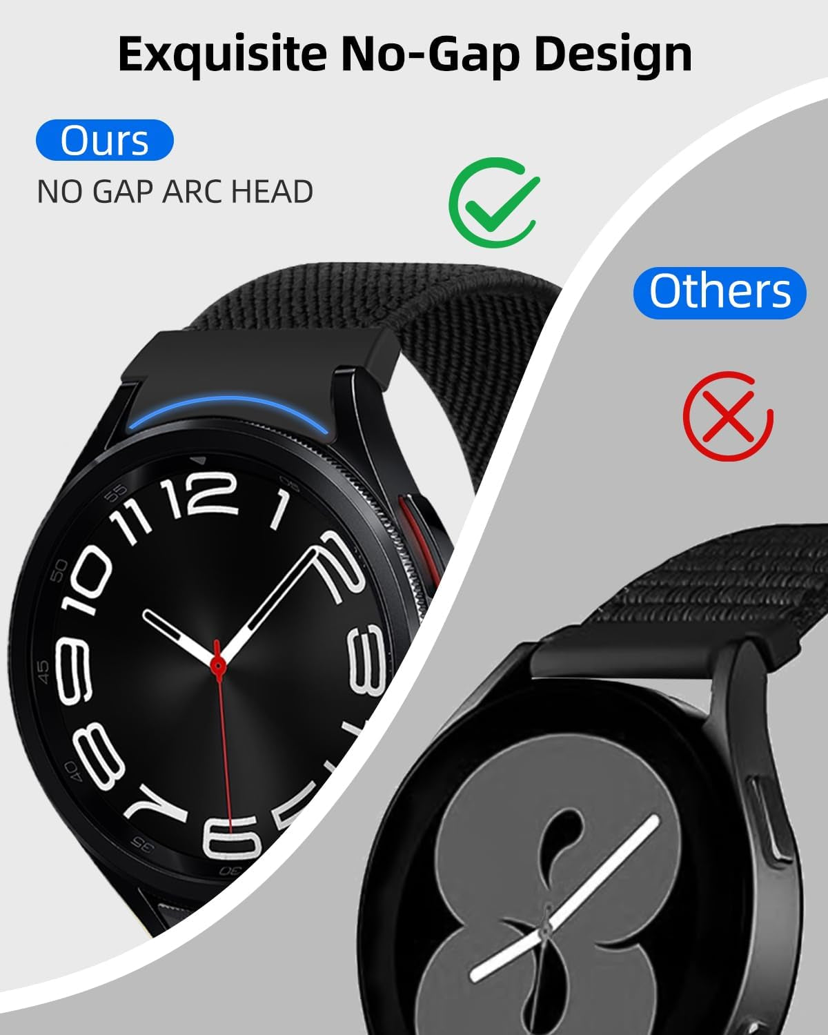 One Click No Gap Stretch Watch Band Compatible with Samsung Galaxy Watch 7/6/5/4 40M 44Mm/Galaxy Watch 6 Classic 43Mm 47Mm/Watch 5 Pro 45Mm/Watch 4 Classic 42Mm 46Mm, 20Mm Elastic Nylon Sport Loop Strap for Women & Men