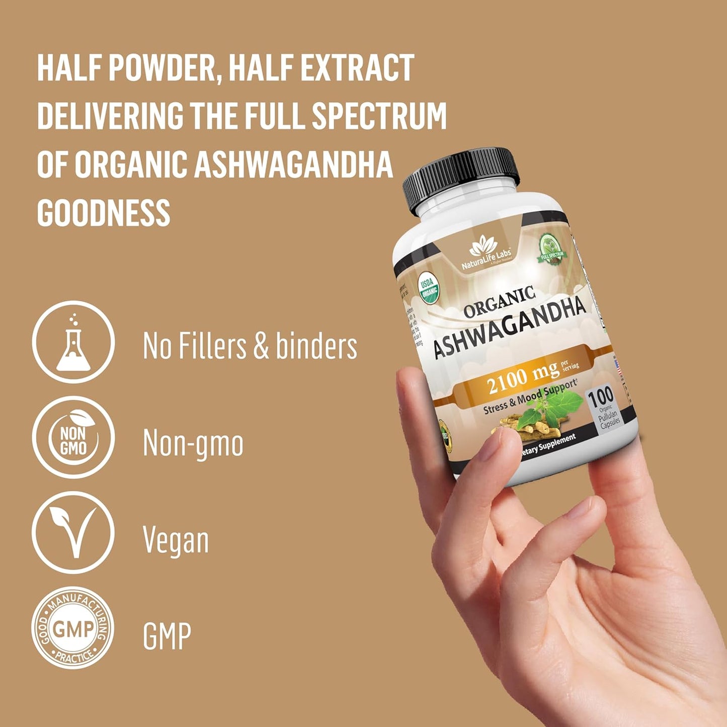 Organic Ashwagandha 2,100 Mg - 100 Veggie Capsules Pure Organic Ashwagandha Powder and Root Extract - Stress Relief, Mood Enhancer TLBH