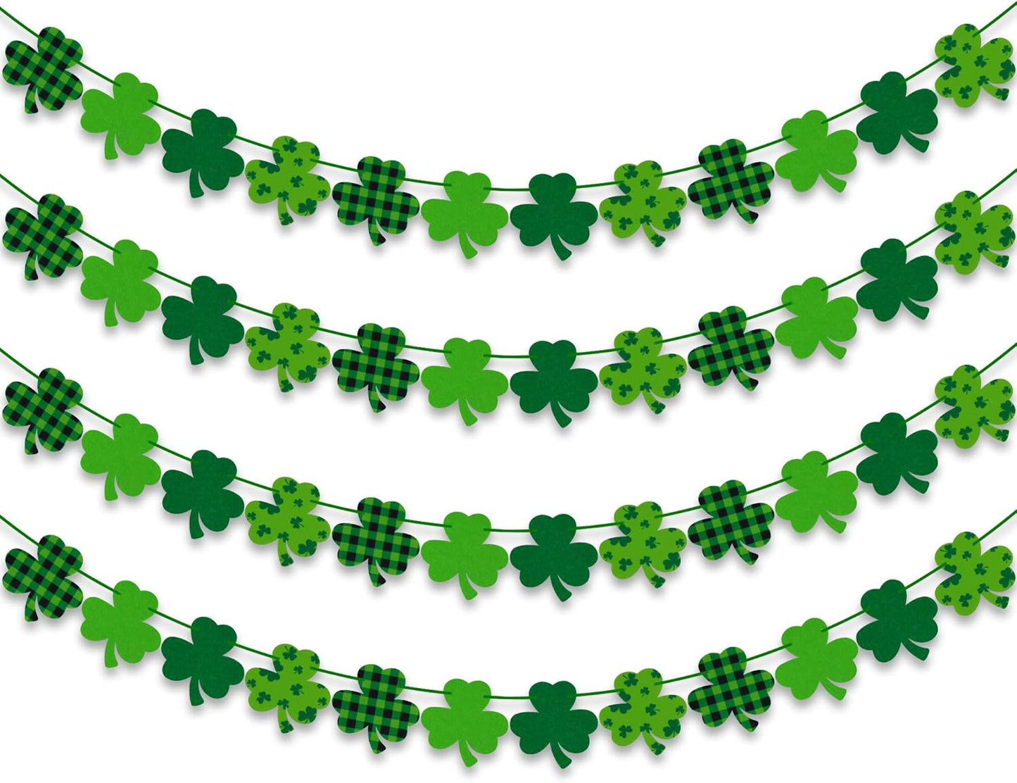4PCS Felt Shamrock Clover Garland Banner - NO DIY, St. Patrick'S Day Decorations - Buffalo Plaid Dark Green Light Green Happy St. Patrick'S Day Banner for Home Mantel Office Irish Day Party Supplies