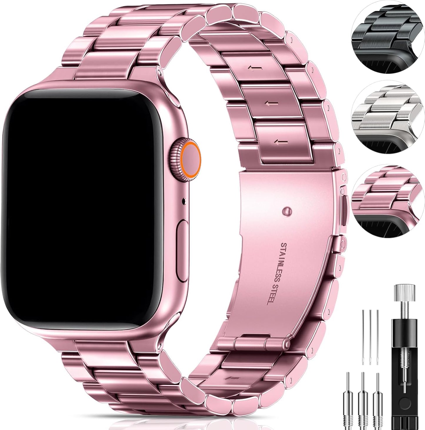 Compatible with Apple Watch Band 49Mm 45Mm 44Mm 42Mm for Men Women, Stainless Steel Metal Watch Bands for Iwatch SE2 SE Series 9 8 7 6 5 4 3 2 1 Midnight Black