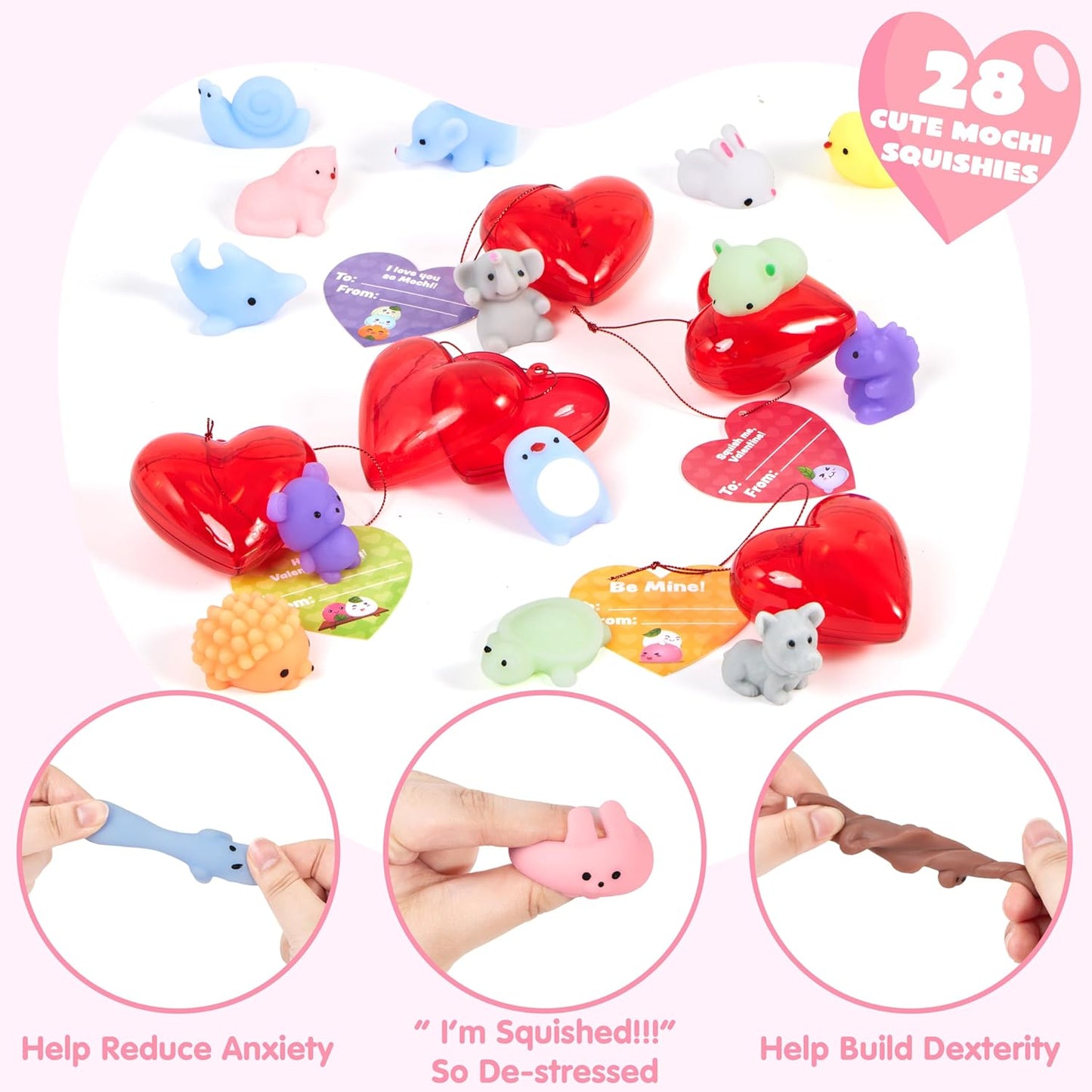 28 Mochi Squishy Toys Filled Hearts and Valentine Cards for Kids Valentine Classroom Exchange Party Favors, Kawaii Stress Relief Toys for Valentine Gift Exchange, Game Prizes and Carnivals Gift