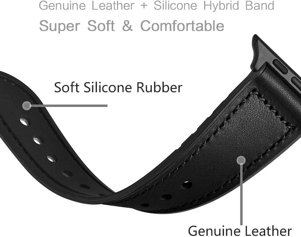 Compatible with Apple Watch Band 41Mm 40Mm 38Mm, Sweatproof Genuine Leather and Rubber Hybrid Band Strap Compatible with Iwatch Series 9 8 7 6 5 4 3 2 1 SE2 SE, Black Band with Black Adapter
