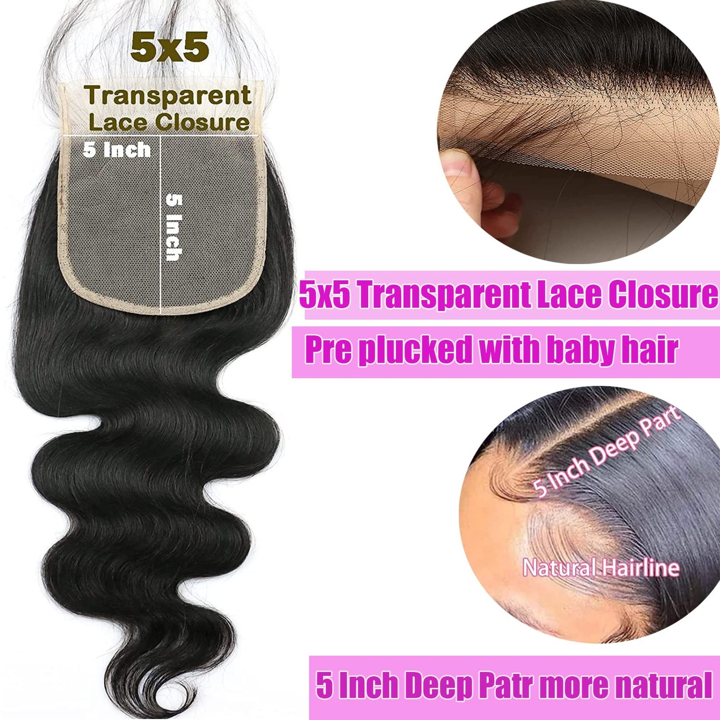 5X5 Hd Lace Closure 5X5 Body Wave Closure Human Hair 12A Real Transparent Lace Closure Virgin Remy Human Hair Frontal Closure Pre Plucked with Baby Hair Natural Black Color(10Inch)