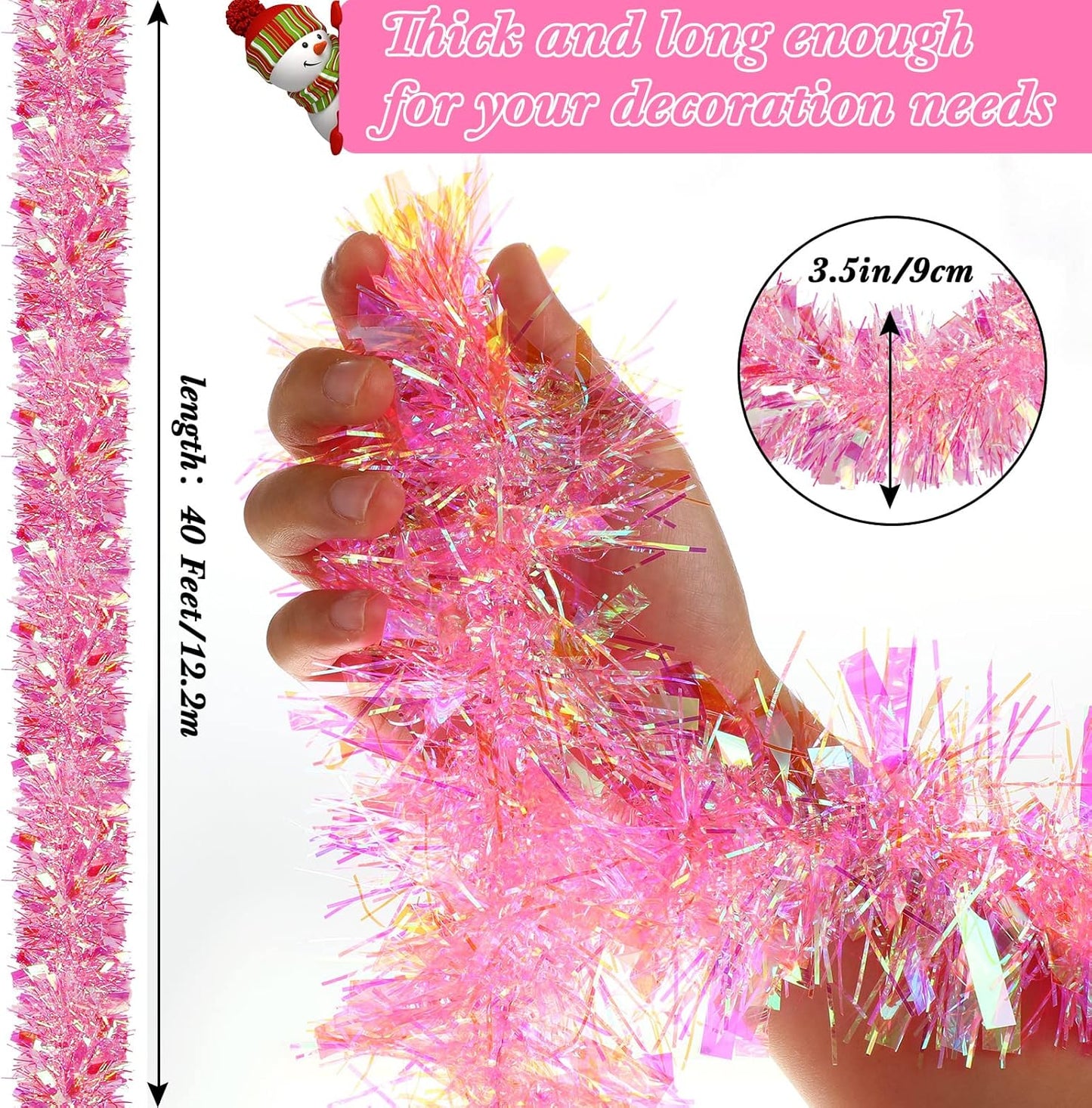 40 Feet Christmas Tinsel Garland Metallic Tinsel Twist Garland Foil Tinsel Garland Decoration for Christmas Tree, Wedding, Birthday and Party Hanging Decorations(Pink, Rainbow)