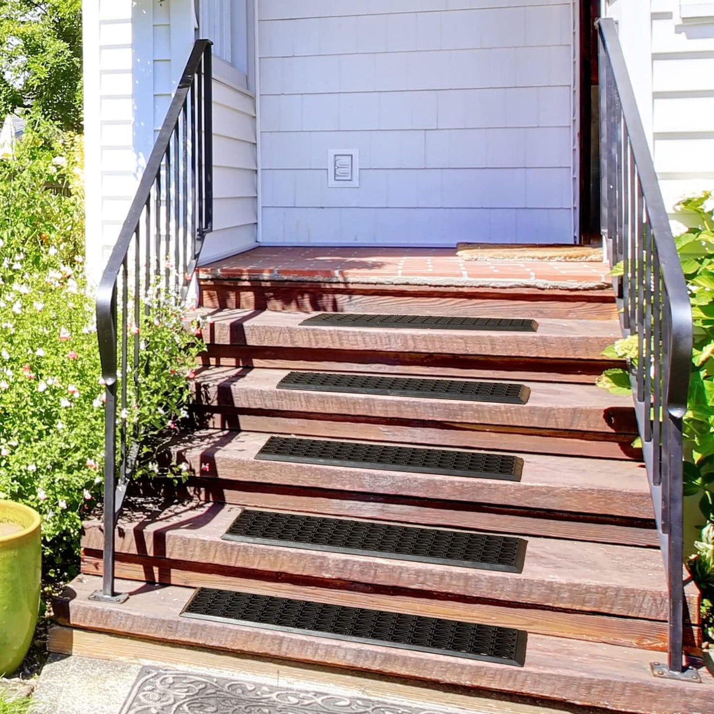 Indoor/Outdoor Hose-Wash Holes Design Non-Slip Rubber 10" X 30" Modern Stair Treads for Stairs, Garage, Patio, 5 Pack, Black Holes