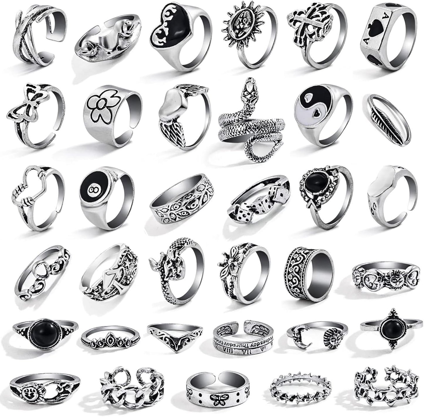 26-35 Pcs Vintage Silver Knuckle Rings Set for Women Men, Grunge Gothic Rings Chunky Aesthetic Snake Stackable Adjustable Punk Bulky Finger Alt Fairy Skull Frog Heart Star Flower Midi Ring Pack